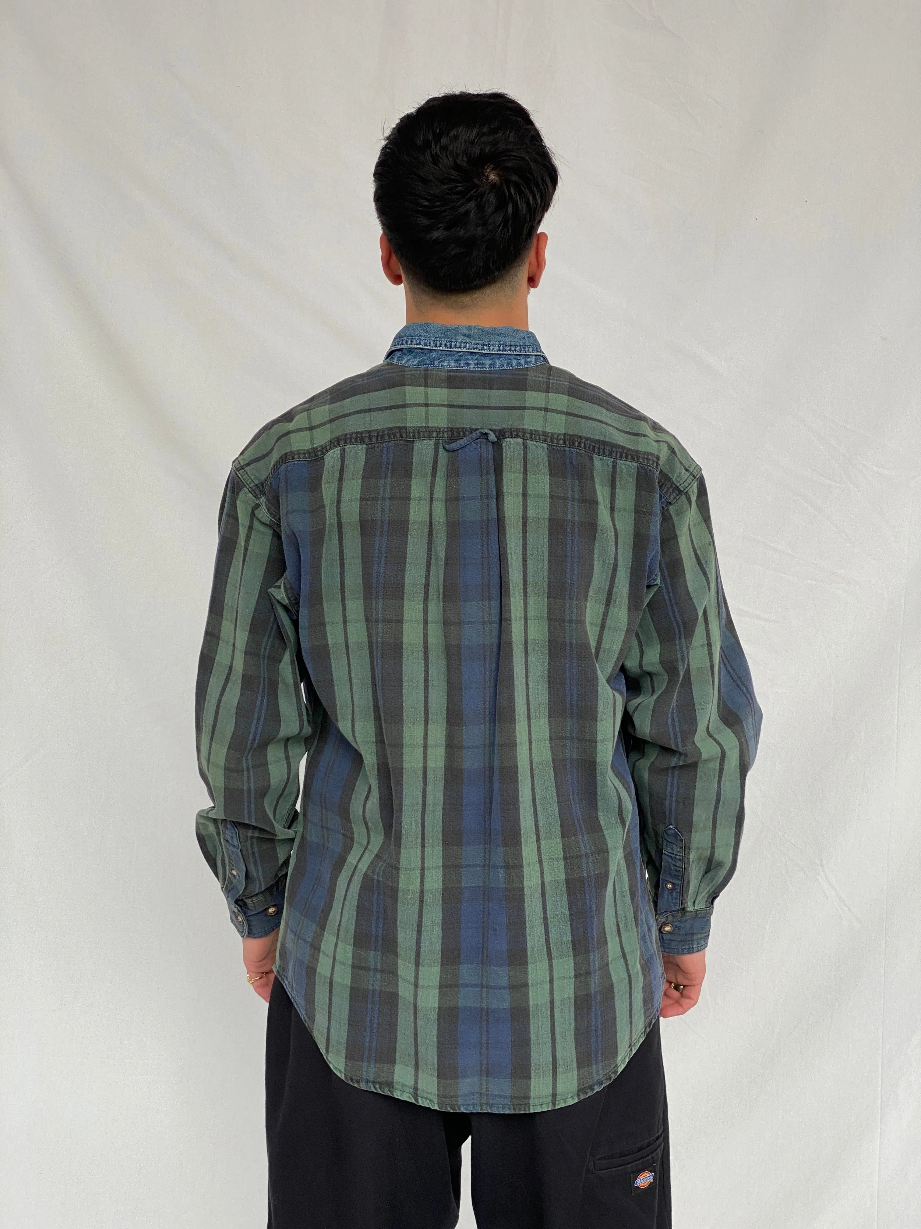 Vintage 90s American Eagle Men's Plaid Blue Green Button Up Shirt Denim Collar - M - Balagan Vintage Full Sleeve Shirt cotton shirt, denim, denim shirt, full sleeve shirt, Hamza, mens shirt, plaid shirt, winter