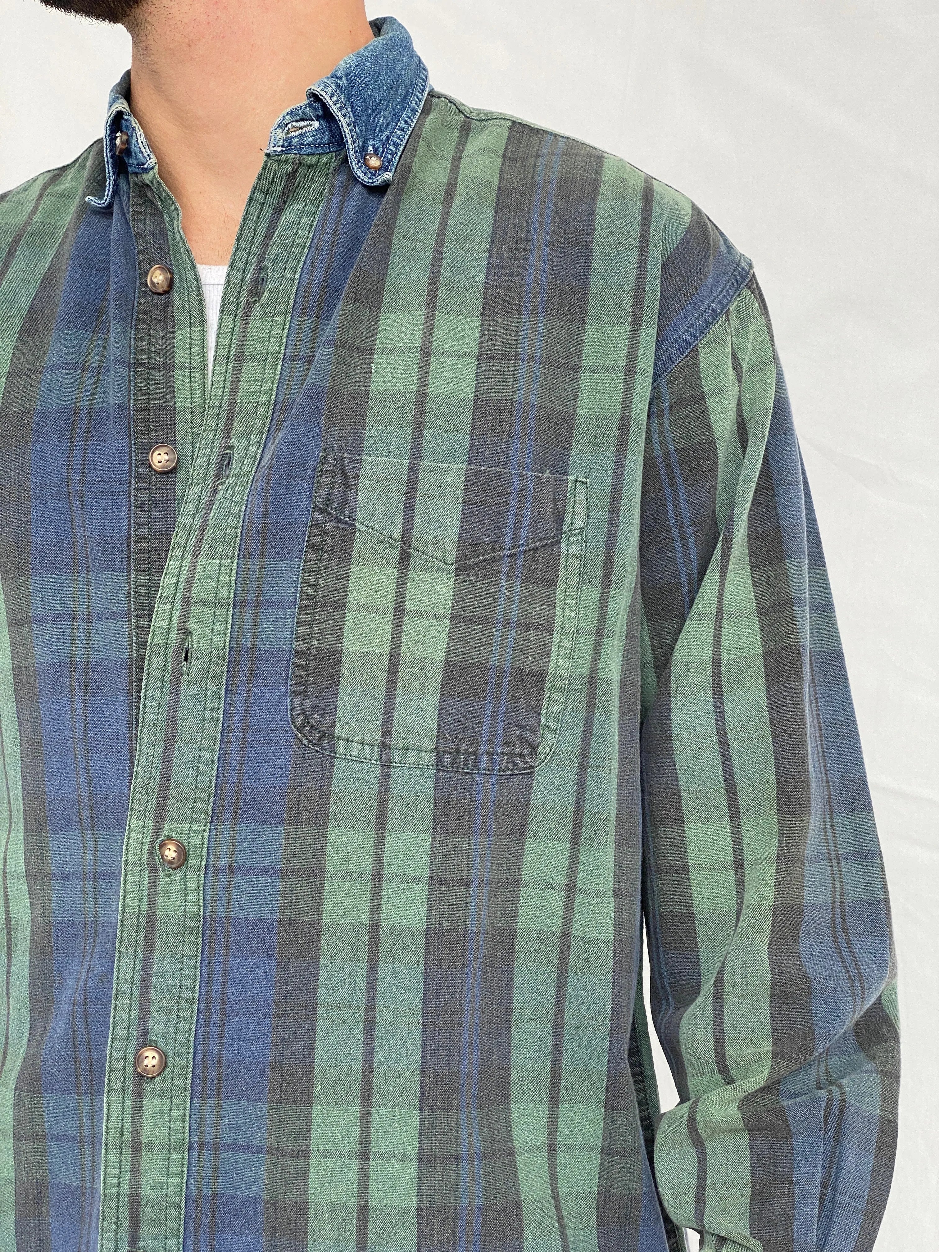 Vintage 90s American Eagle Men's Plaid Blue Green Button Up Shirt Denim Collar - M - Balagan Vintage Full Sleeve Shirt cotton shirt, denim, denim shirt, full sleeve shirt, Hamza, mens shirt, plaid shirt, winter