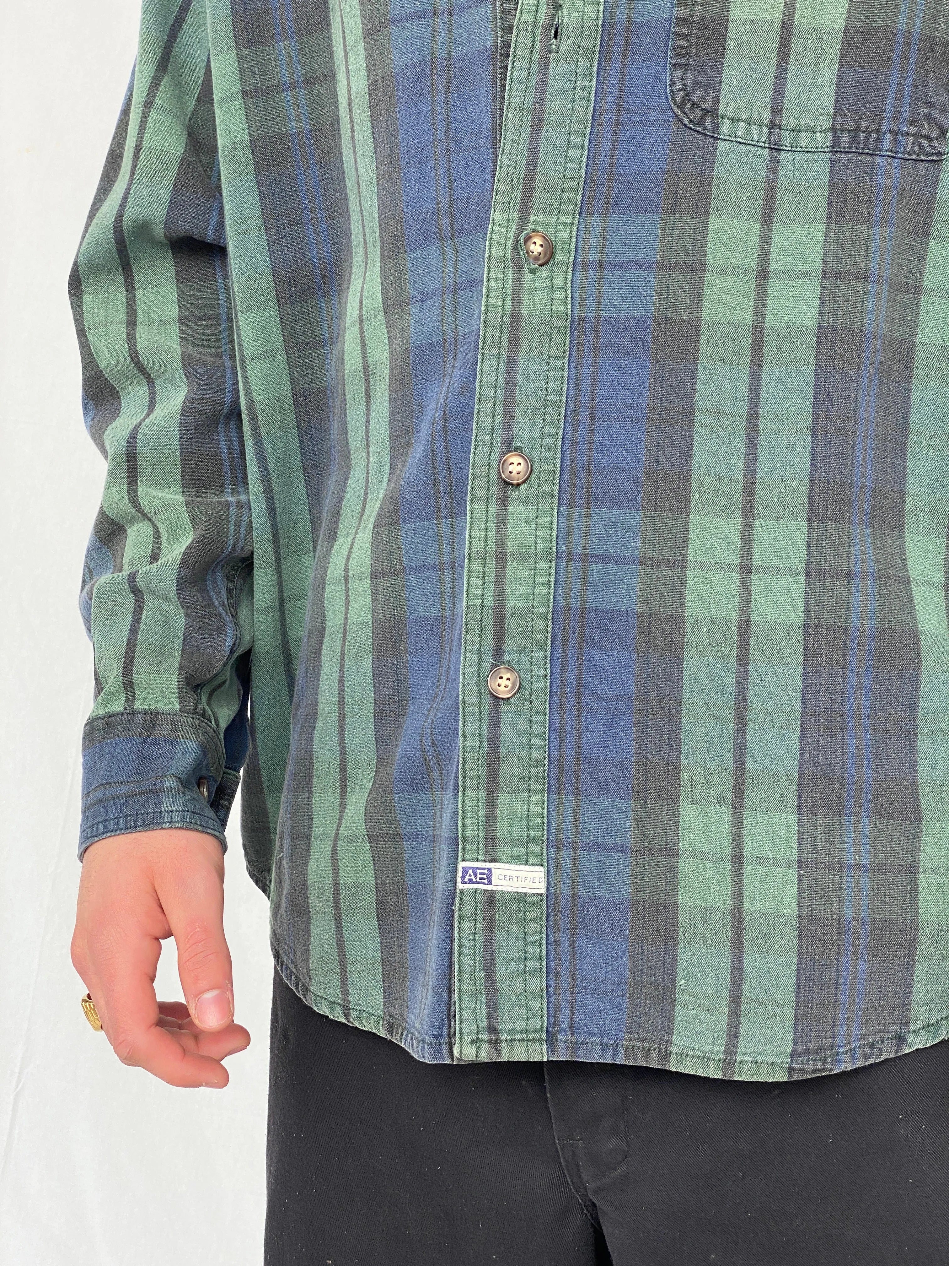 Vintage 90s American Eagle Men's Plaid Blue Green Button Up Shirt Denim Collar - M - Balagan Vintage Full Sleeve Shirt cotton shirt, denim, denim shirt, full sleeve shirt, Hamza, mens shirt, plaid shirt, winter