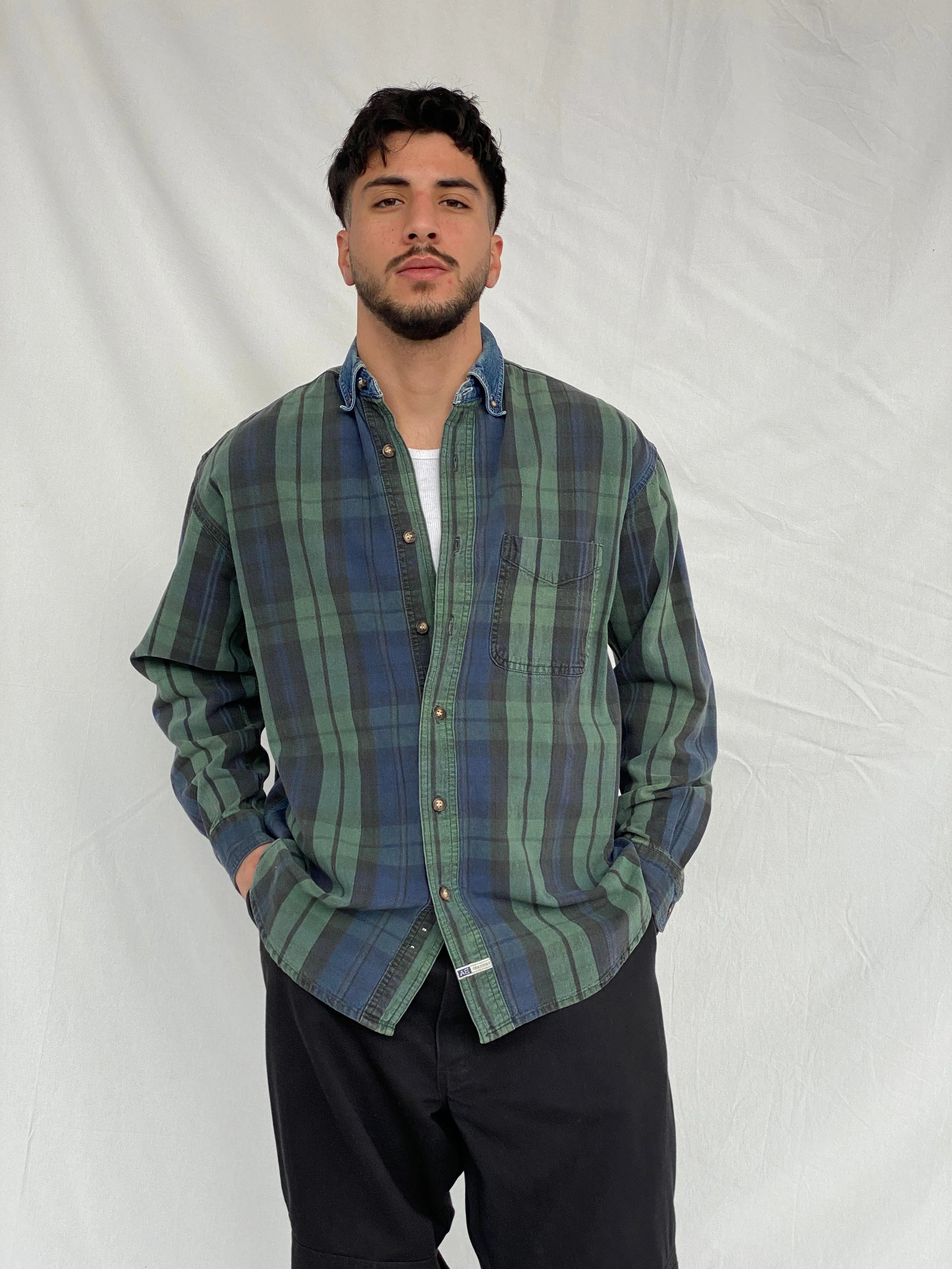 Vintage 90s American Eagle Men's Plaid Blue Green Button Up Shirt Denim Collar - M - Balagan Vintage Full Sleeve Shirt cotton shirt, denim, denim shirt, full sleeve shirt, Hamza, mens shirt, plaid shirt, winter