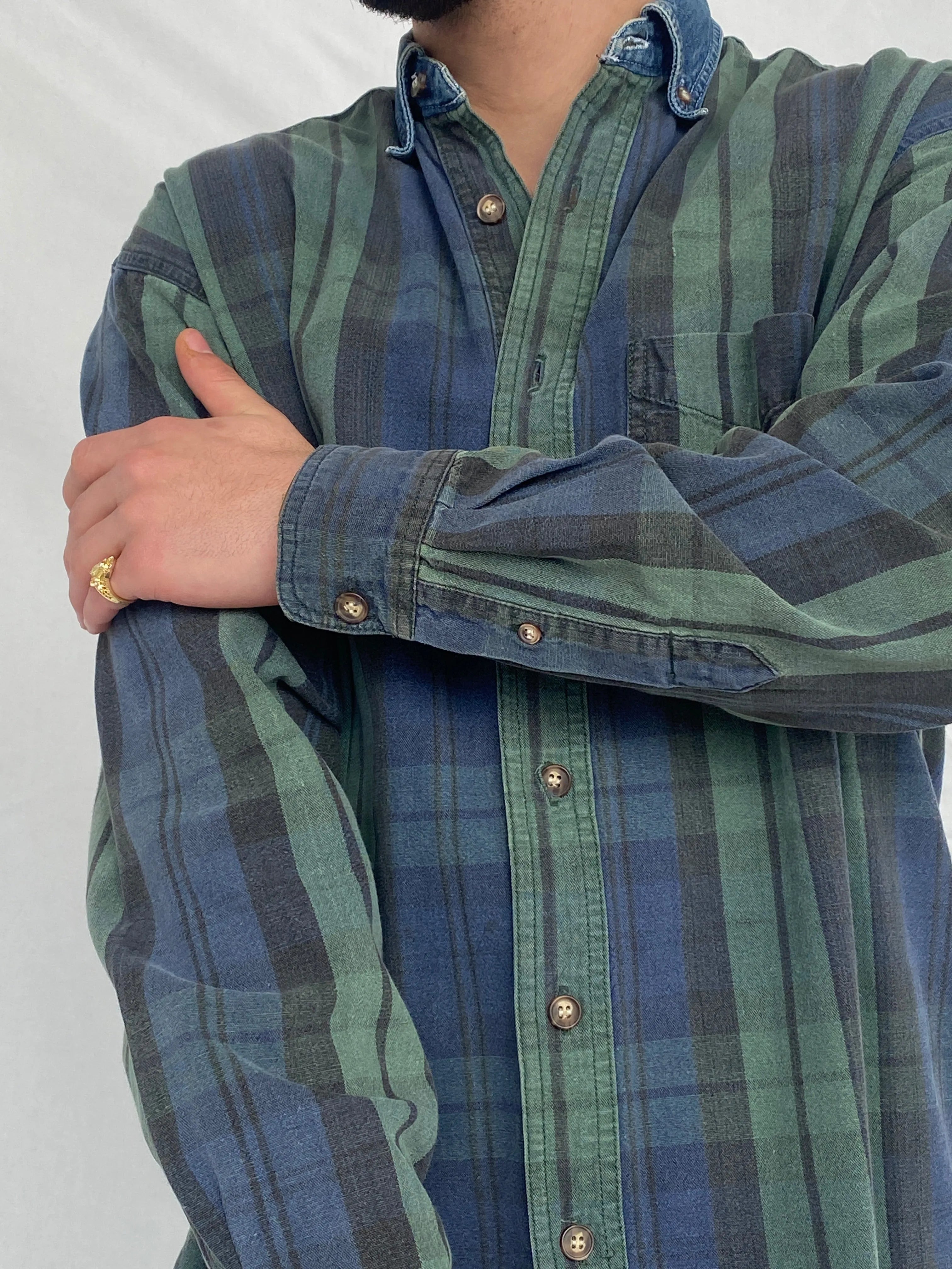 Vintage 90s American Eagle Men's Plaid Blue Green Button Up Shirt Denim Collar - M - Balagan Vintage Full Sleeve Shirt cotton shirt, denim, denim shirt, full sleeve shirt, Hamza, mens shirt, plaid shirt, winter