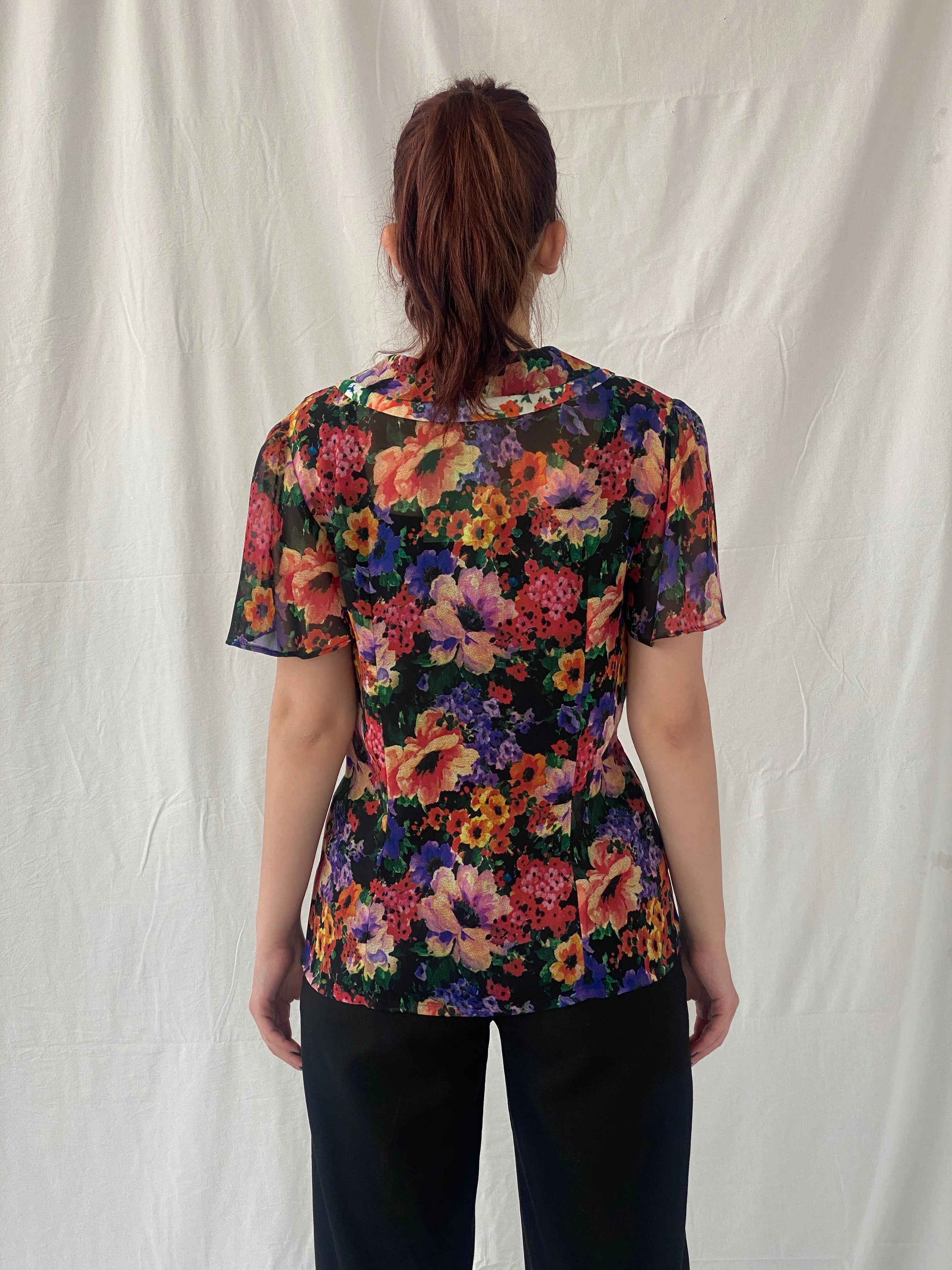 Vintage 90s Anne Lewis Sheer Floral Women’s Short Puff Sleeve Shirt - M - Balagan Vintage Half Sleeve Top 00s, Ayah, floral, floral print, floral shirt, sheer, sheer shirt, women top