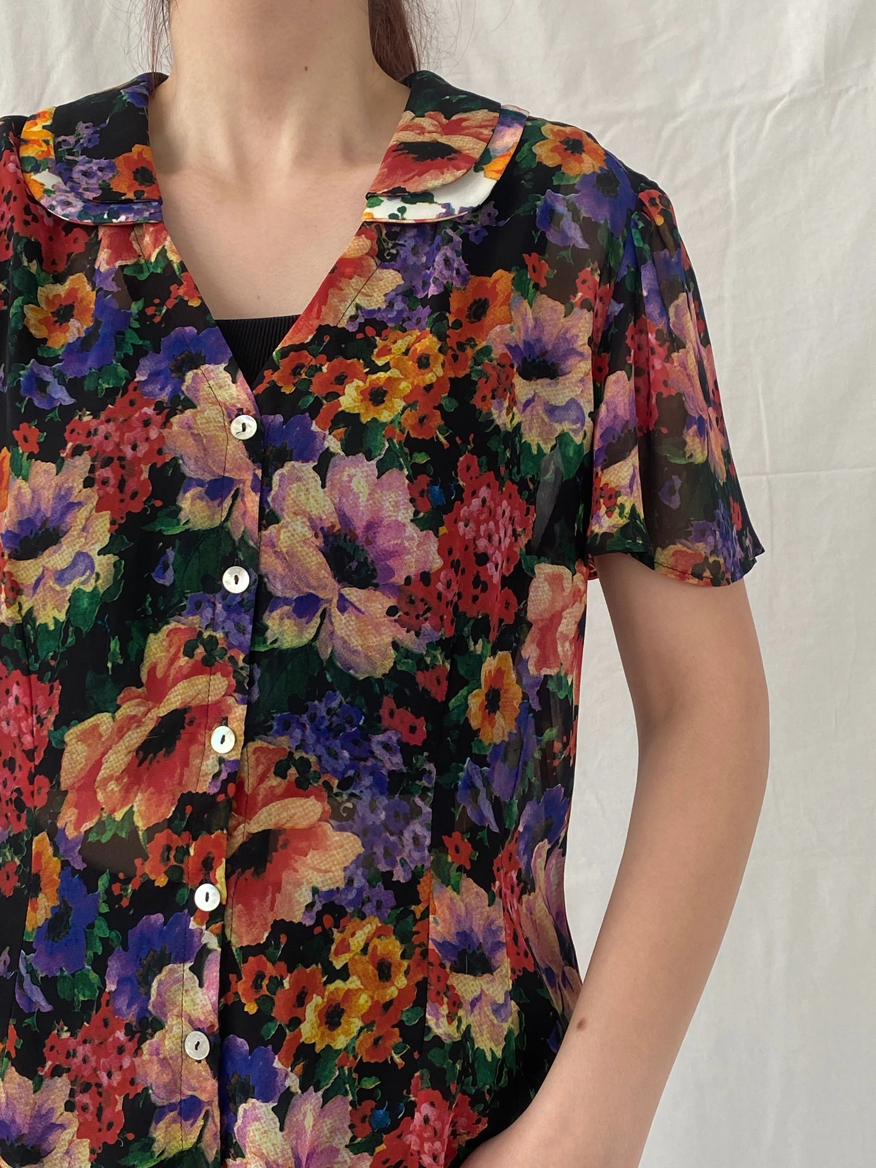 Vintage 90s Anne Lewis Sheer Floral Women’s Short Puff Sleeve Shirt - M - Balagan Vintage Half Sleeve Top 00s, Ayah, floral, floral print, floral shirt, sheer, sheer shirt, women top