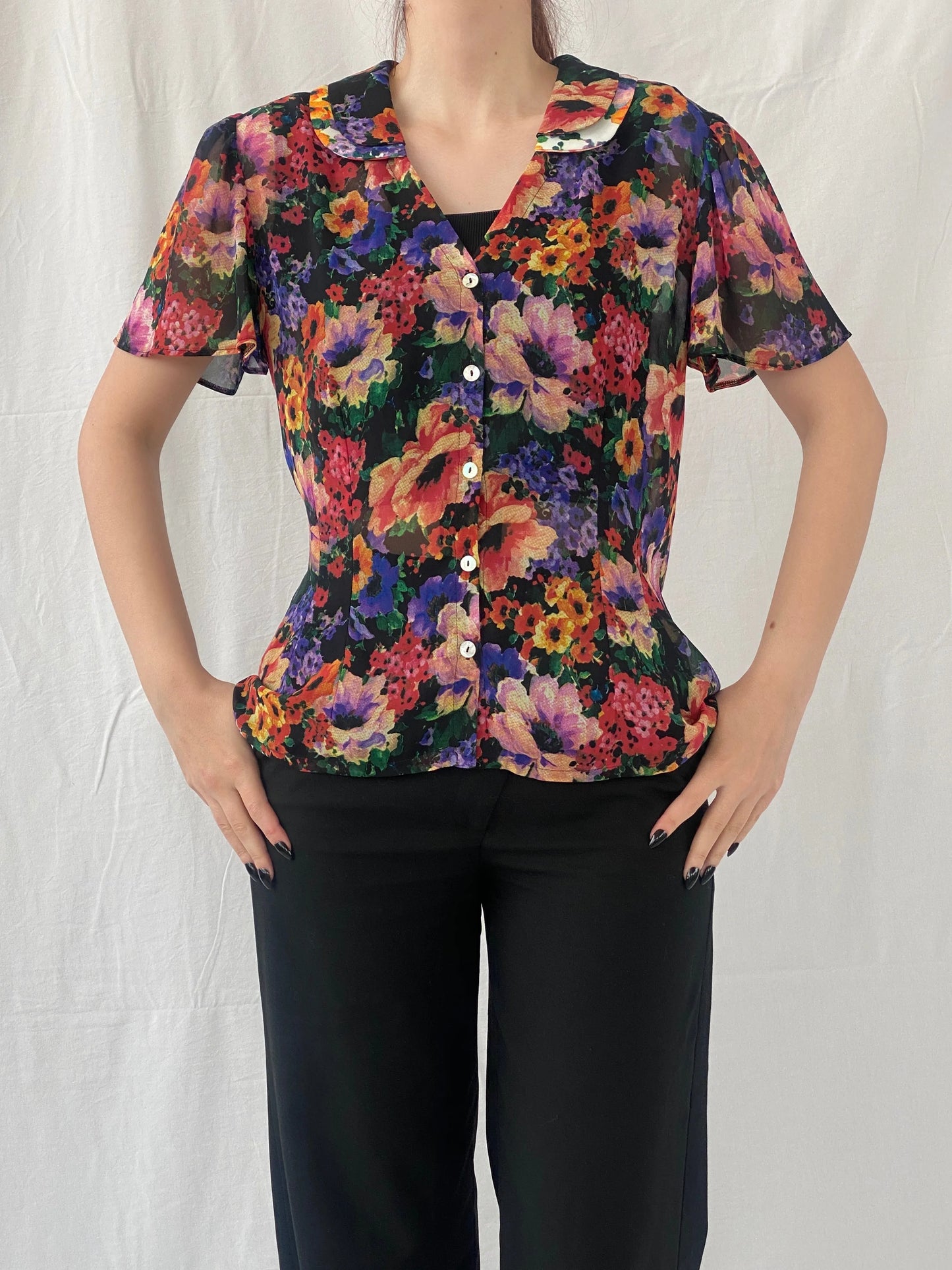Vintage 90s Anne Lewis Sheer Floral Women’s Short Puff Sleeve Shirt - M - Balagan Vintage Half Sleeve Top 00s, Ayah, floral, floral print, floral shirt, sheer, sheer shirt, women top