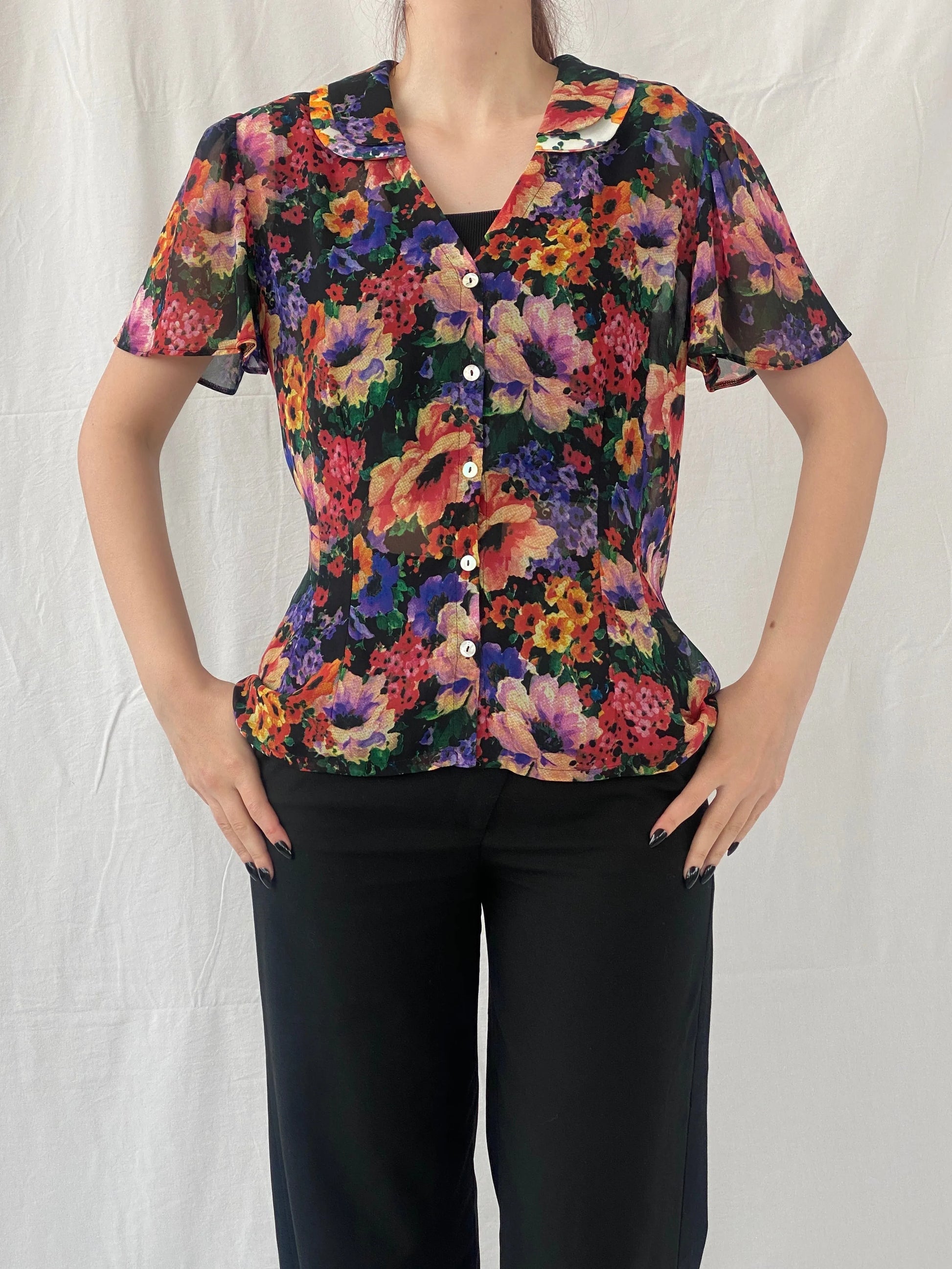 Vintage 90s Anne Lewis Sheer Floral Women’s Short Puff Sleeve Shirt - M - Balagan Vintage Half Sleeve Top 00s, Ayah, floral, floral print, floral shirt, sheer, sheer shirt, women top