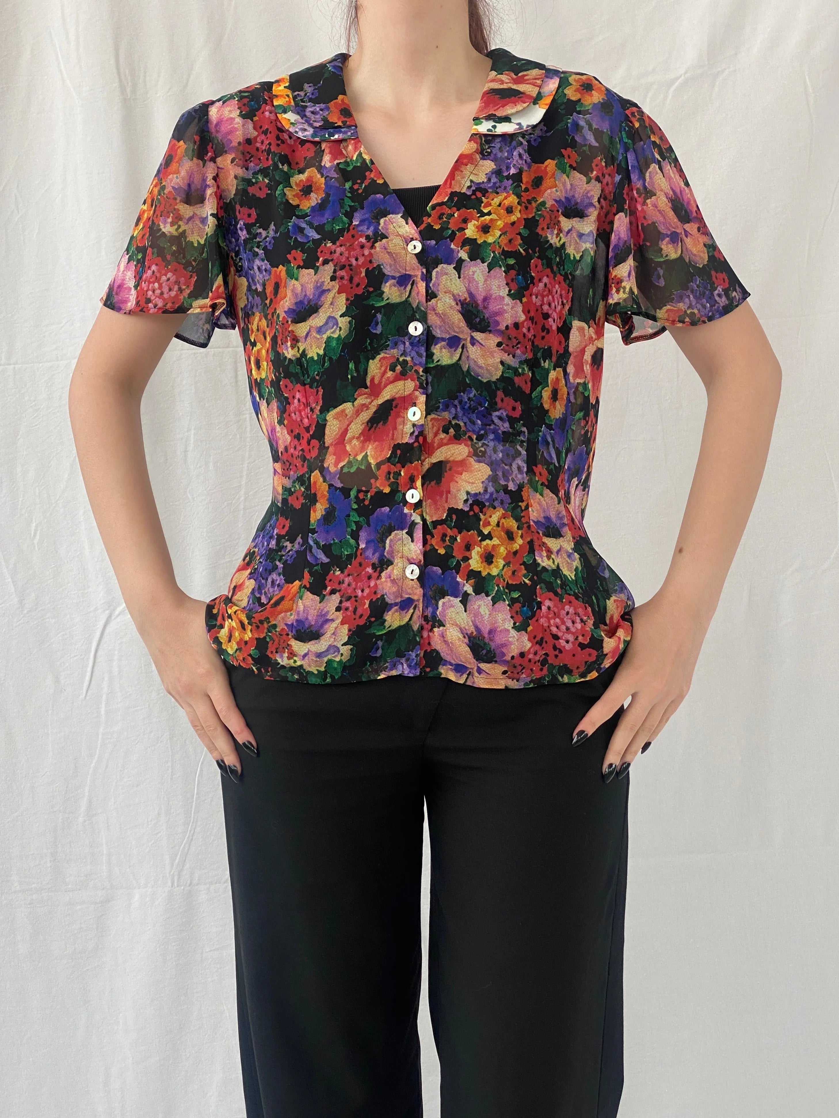 Vintage 90s Anne Lewis Sheer Floral Women’s Short Puff Sleeve Shirt - M - Balagan Vintage Half Sleeve Top 00s, Ayah, floral, floral print, floral shirt, sheer, sheer shirt, women top
