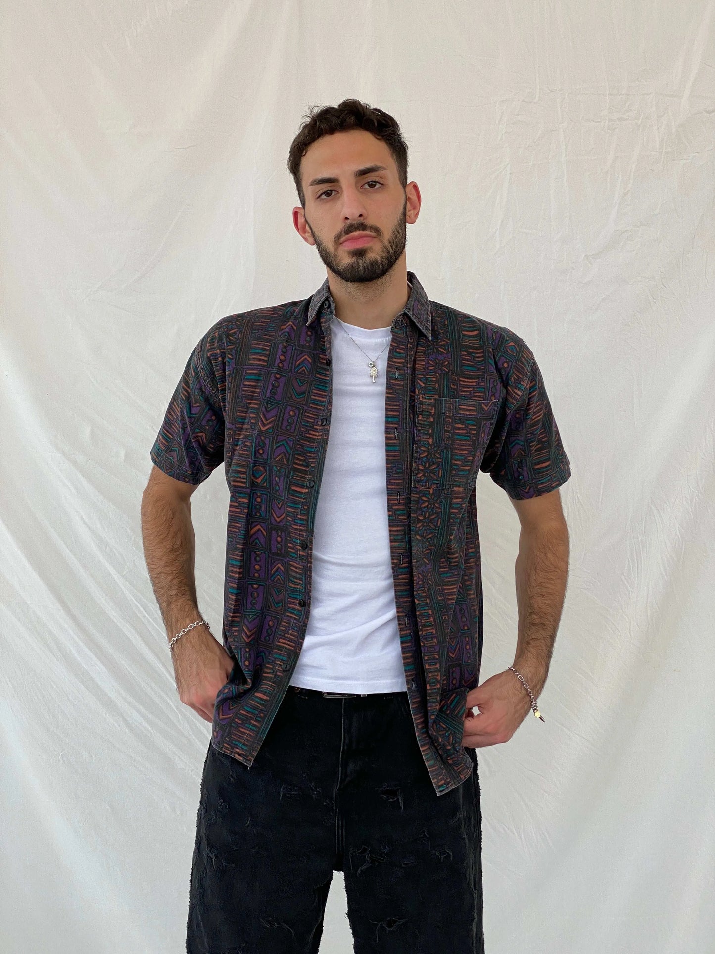 Vintage 90s APPARATUS Boho Patterned Cotton Shirt Size L - Balagan Vintage Half Sleeve Shirt 00s, 90s, Awsam, Boho, half sleeve shirt, printed shirt