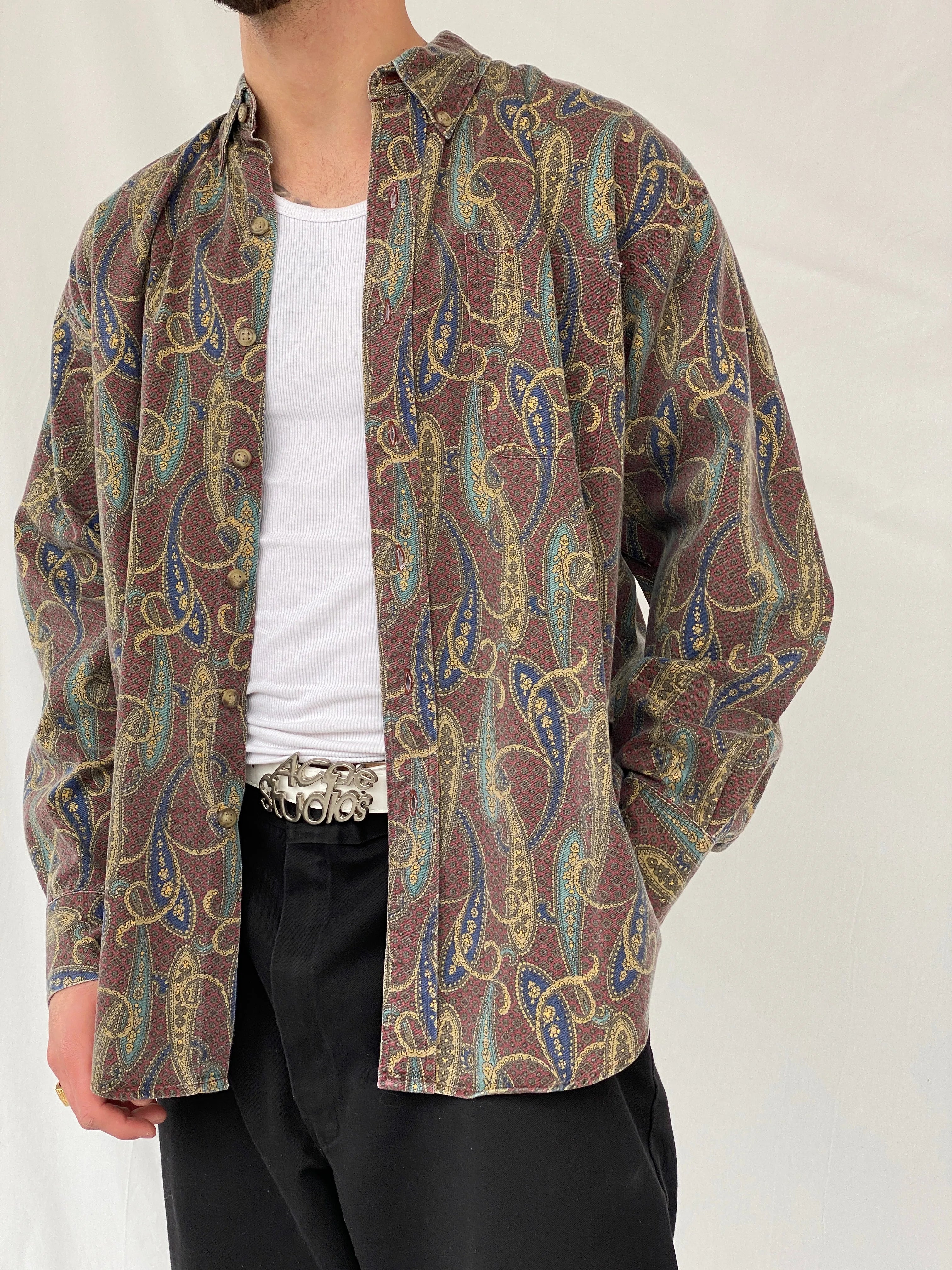 Vintage 90s Arrow Paisley Print Button Up Full Sleeve Men’s Shirt - L - Balagan Vintage Full Sleeve Shirt cotton shirt, full sleeve shirt, Hamza, men, mens shirt, printed shirt, winter