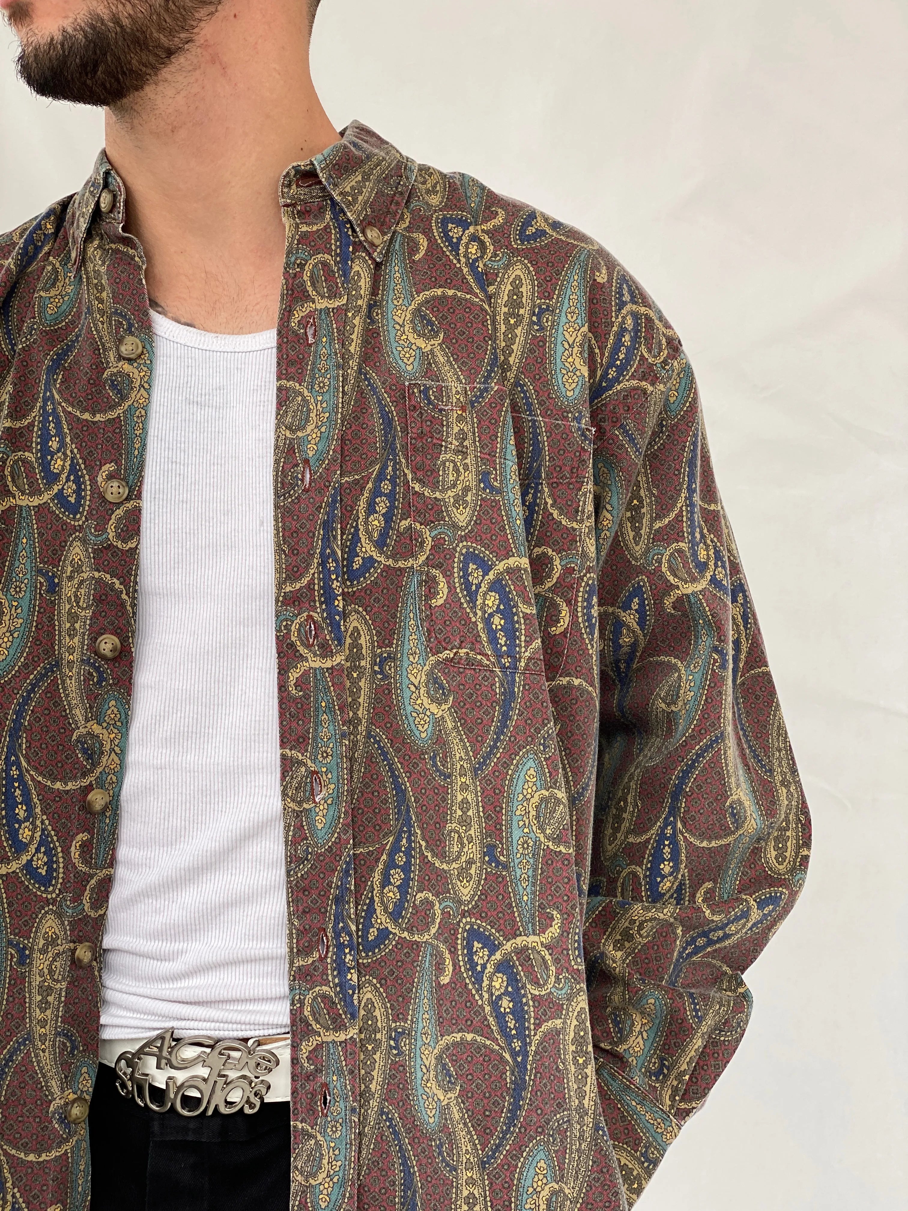 Vintage 90s Arrow Paisley Print Button Up Full Sleeve Men’s Shirt - L - Balagan Vintage Full Sleeve Shirt cotton shirt, full sleeve shirt, Hamza, men, mens shirt, printed shirt, winter