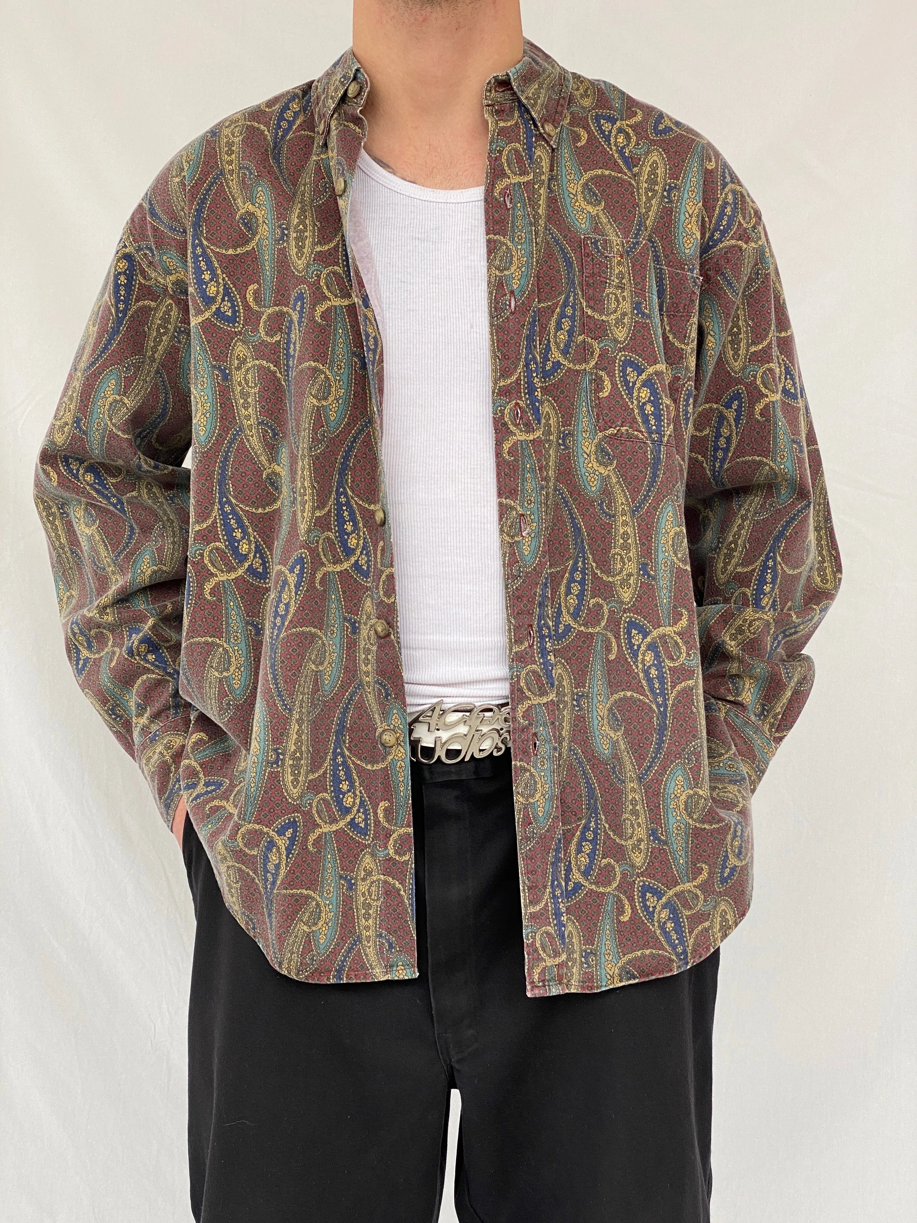 Vintage 90s Arrow Paisley Print Button Up Full Sleeve Men’s Shirt - L - Balagan Vintage Full Sleeve Shirt cotton shirt, full sleeve shirt, Hamza, men, mens shirt, printed shirt, winter