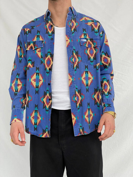 Vintage 90s Club Dance Men’s Western Print Long Sleeve Button Up Cotton Shirt - M - Balagan Vintage Full Sleeve Shirt cotton shirt, cowboy, full sleeve shirt, Hamza, printed shirt, shirt