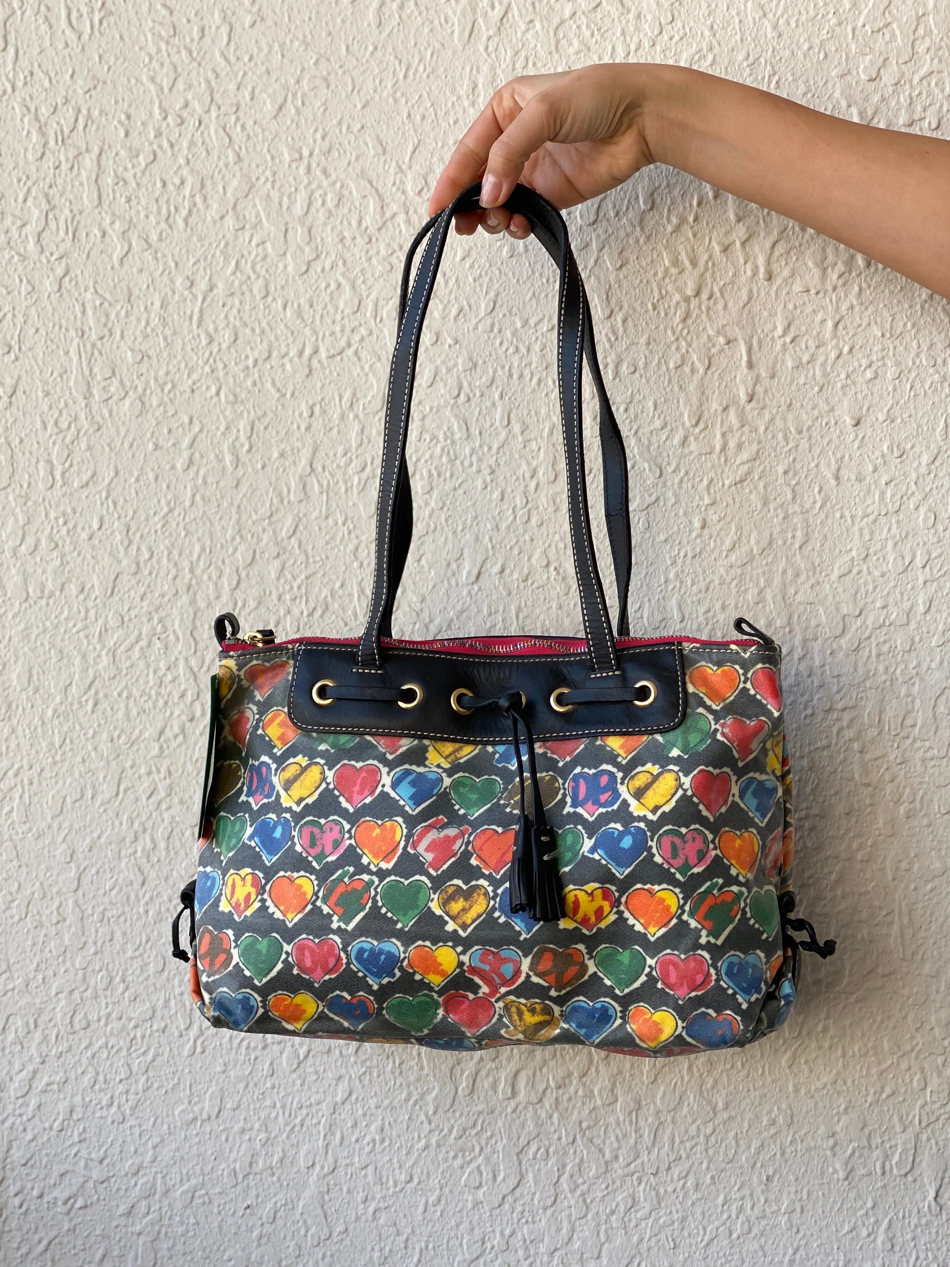 Vintage 90s Dooney & Bourke Multi Colored Heart Shoulder Bag - Balagan Vintage Shoulder Bag 90s, bag, embellished bag, handbag, shoulder bag, vintage bags
