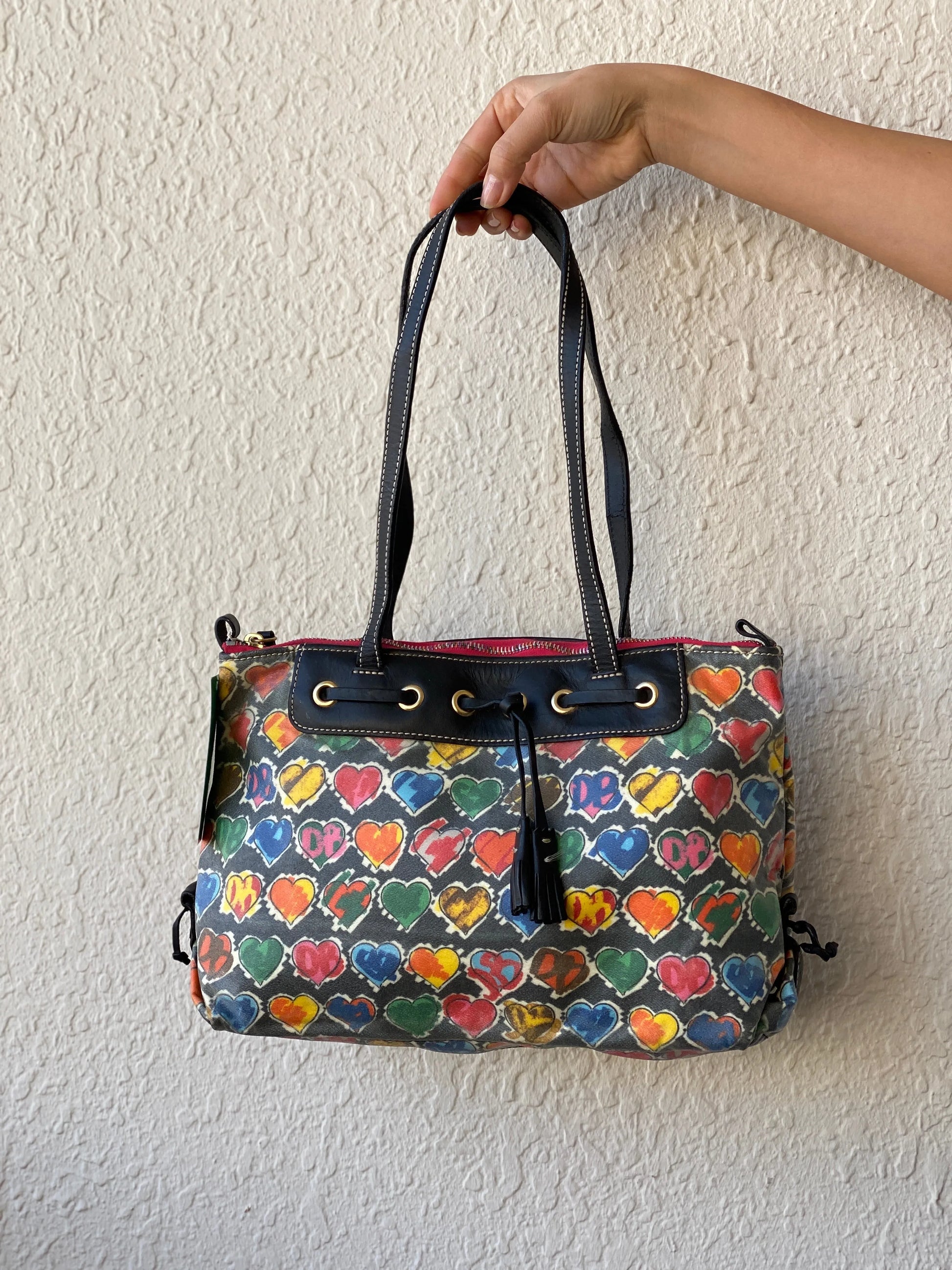 Vintage 90s Dooney & Bourke Multi Colored Heart Shoulder Bag - Balagan Vintage Shoulder Bag 90s, bag, embellished bag, handbag, shoulder bag, vintage bags