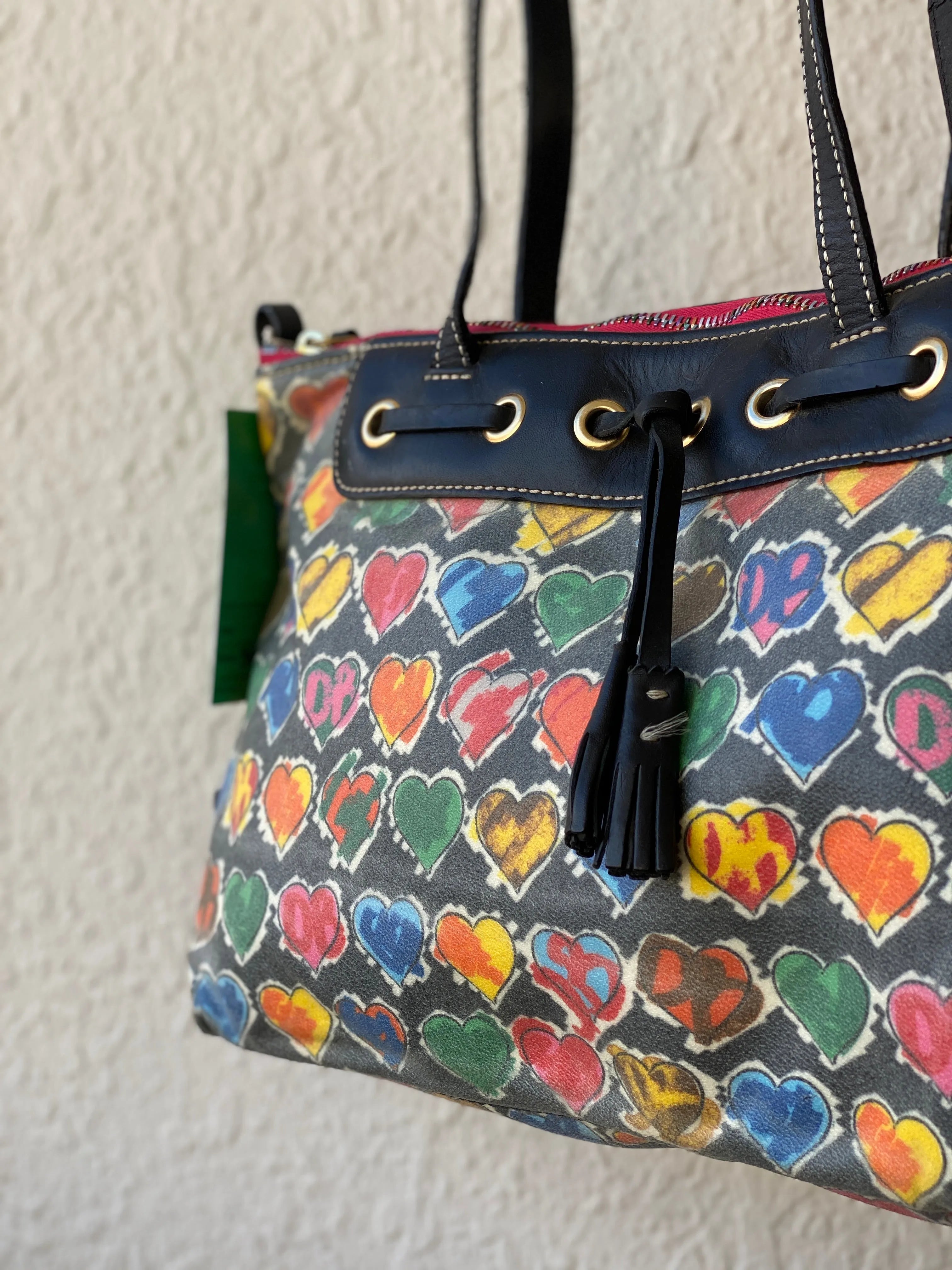 Vintage 90s Dooney & Bourke Multi Colored Heart Shoulder Bag - Balagan Vintage Shoulder Bag 90s, bag, embellished bag, handbag, shoulder bag, vintage bags