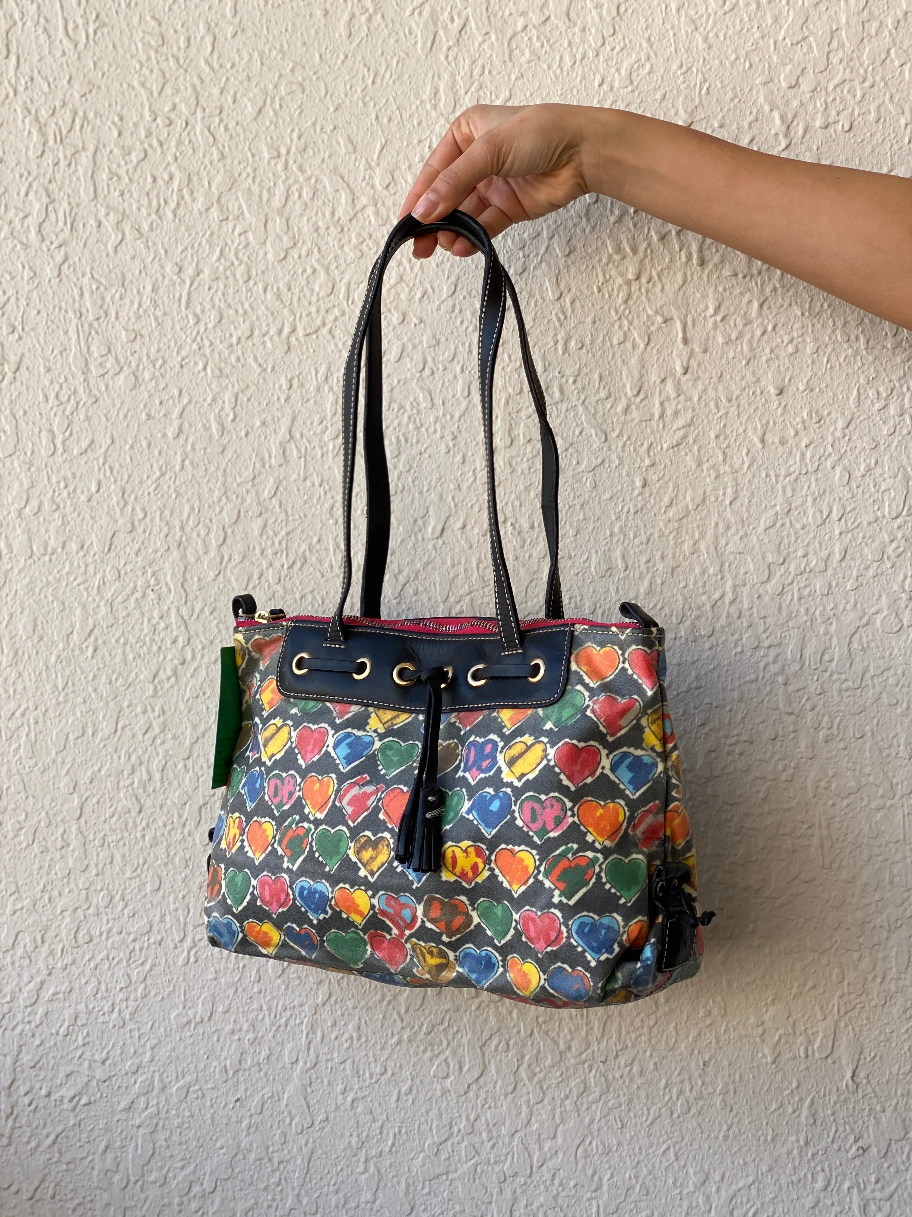 Vintage 90s Dooney & Bourke Multi Colored Heart Shoulder Bag - Balagan Vintage Shoulder Bag 90s, bag, embellished bag, handbag, shoulder bag, vintage bags