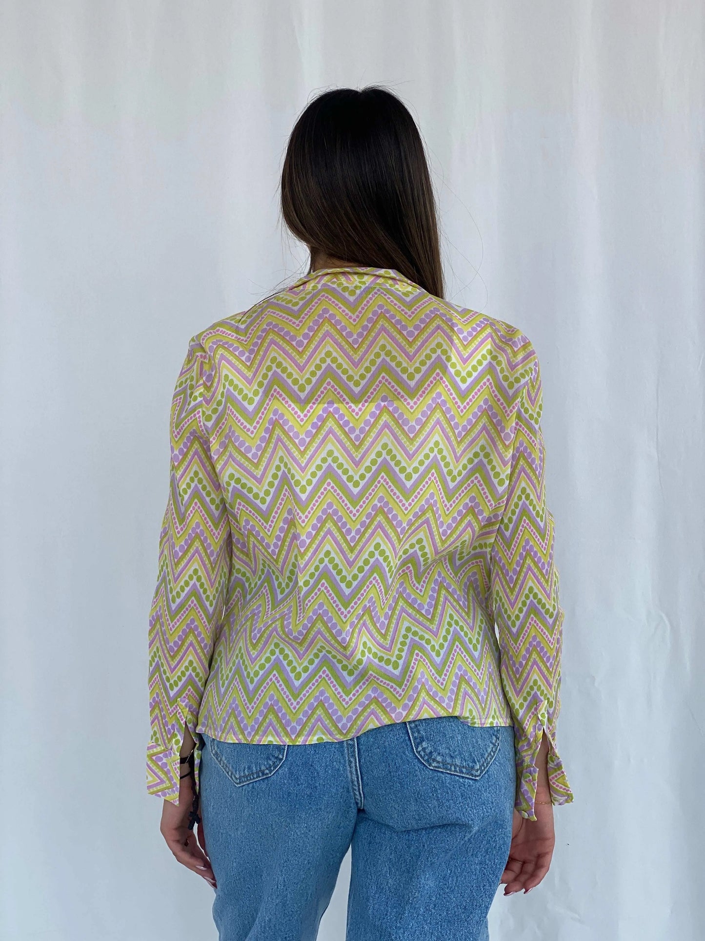 Vintage 90s Douchka Paris Yellow Geometric Sheer Shirt Size S - Balagan Vintage Full Sleeve Shirt 90s, Deals, full sleeve shirt, geometric print, groovy shirt, Juana, women skirt