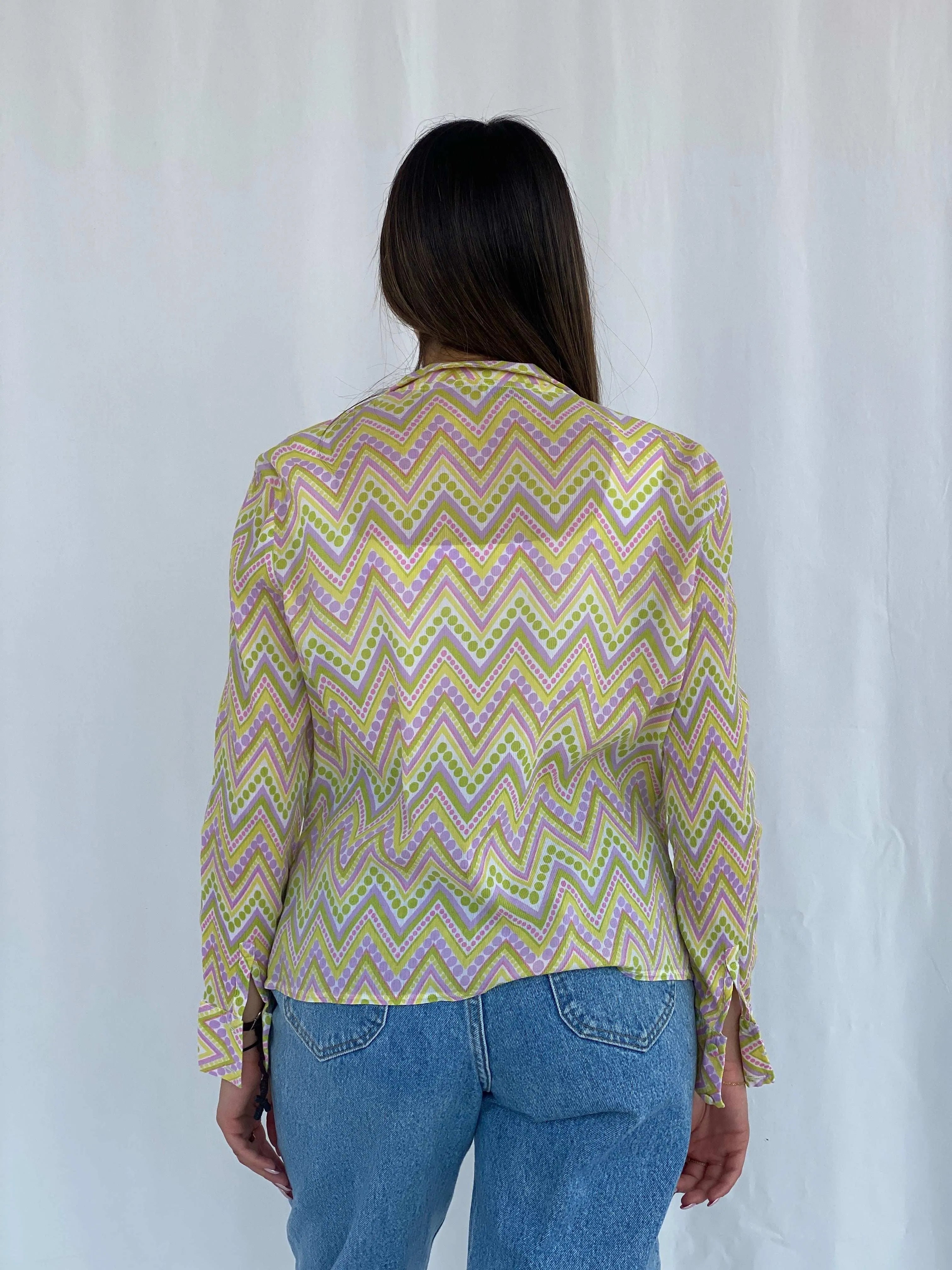 Vintage 90s Douchka Paris Yellow Geometric Sheer Shirt Size S - Balagan Vintage Full Sleeve Shirt 90s, Deals, full sleeve shirt, geometric print, groovy shirt, Juana, women skirt