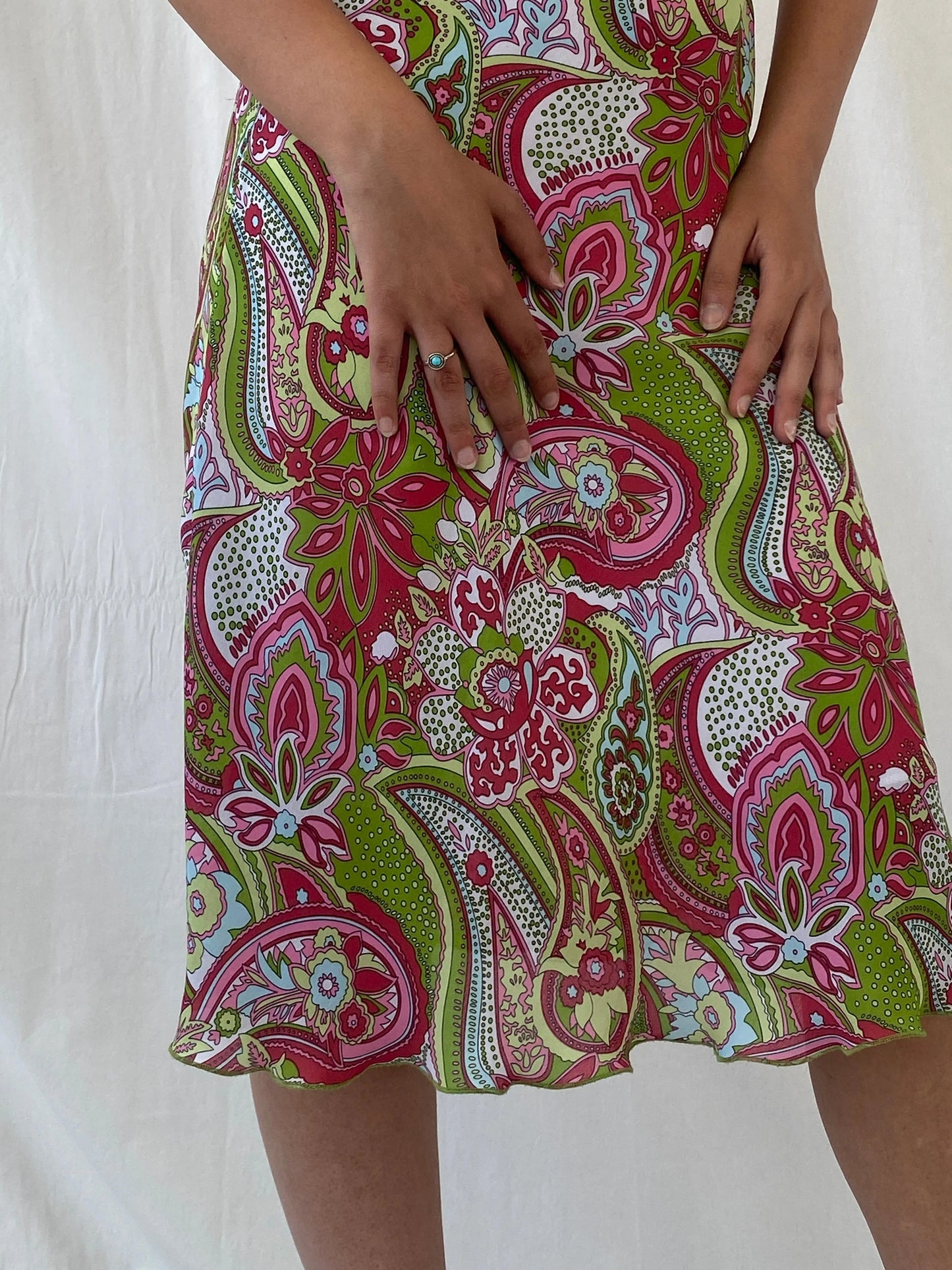 Vintage 90s Esmara Pink Green Paisley Print Midi Dress - S - Balagan Vintage Midi Dress 00s dress, Celine, dress, floral, floral dress, midi dress, Y2K dress
