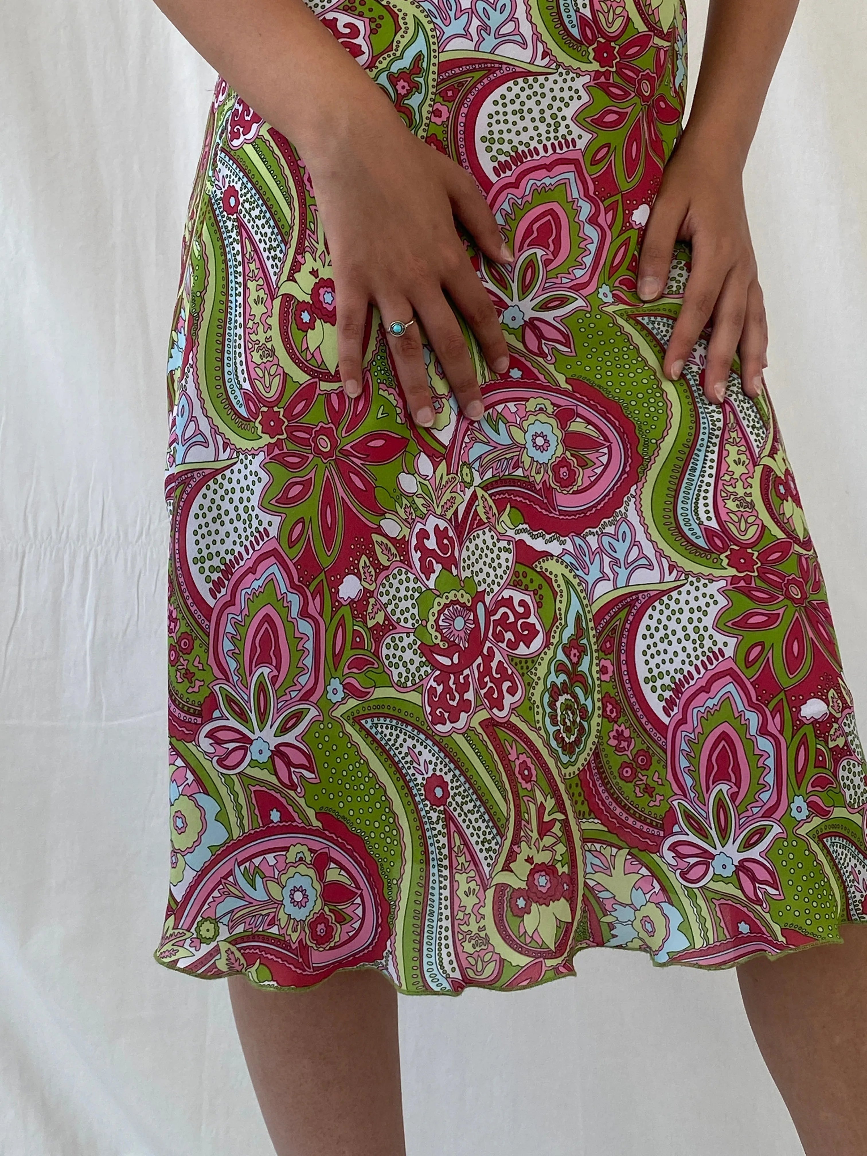Vintage 90s Esmara Pink Green Paisley Print Midi Dress - S - Balagan Vintage Midi Dress 00s dress, Celine, dress, floral, floral dress, midi dress, Y2K dress