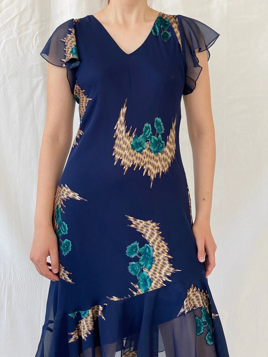 Vintage 90s Eva Blue Dark Blue Midi Asymmetrical Hem Dress - M - Balagan Vintage Midi Dress 90s, Ayah, dress, midi dress, vintage dress, Wedding Guest
