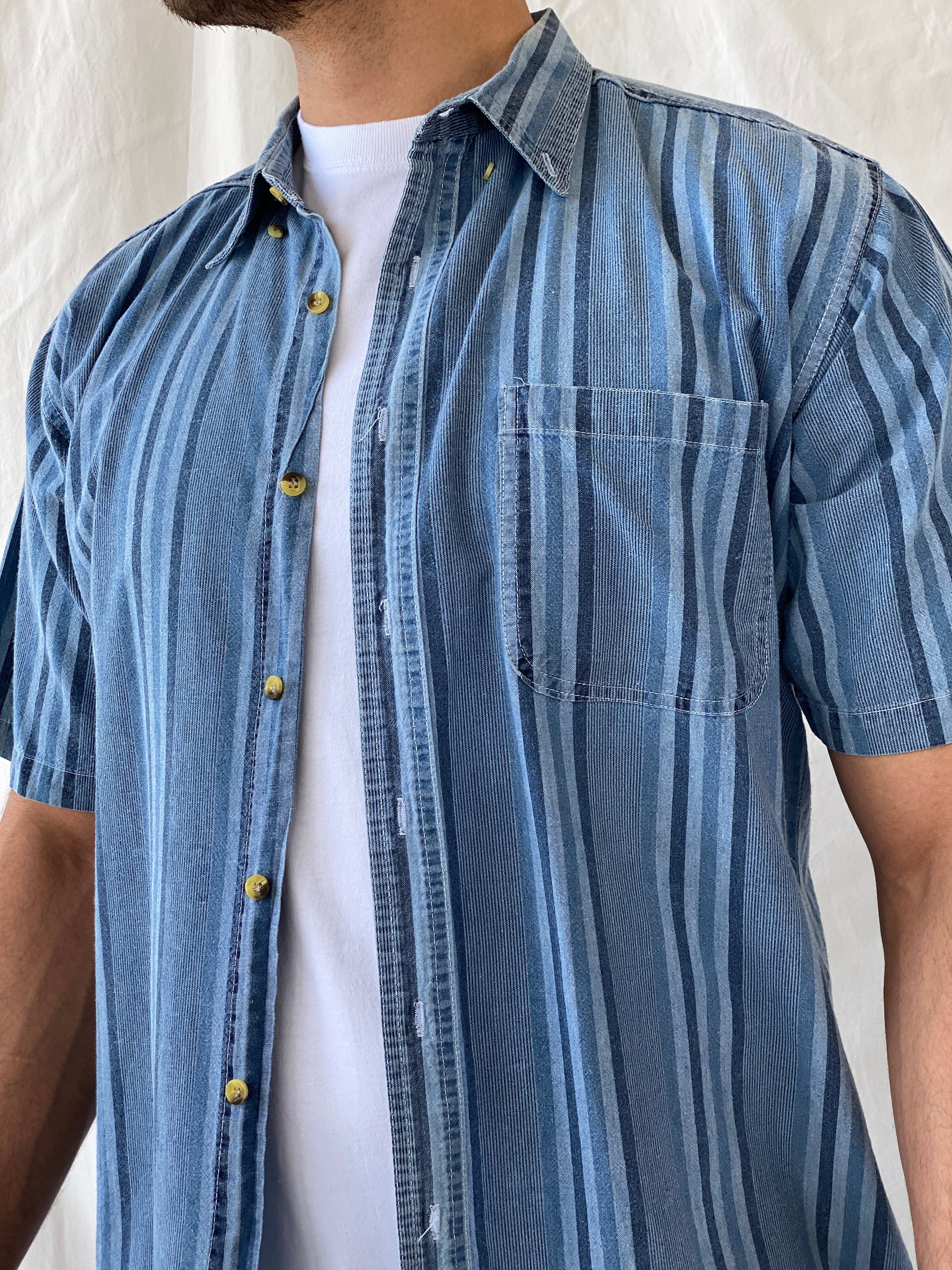Vintage 90s Faded Glory Men’s Button Up Striped Blue Short Sleeve Cotton Shirt - L - Balagan Vintage Half Sleeve Shirt 90s, half sleeve shirt, mens shirt, printed shirt, Ramez, silk, striped, striped shirt