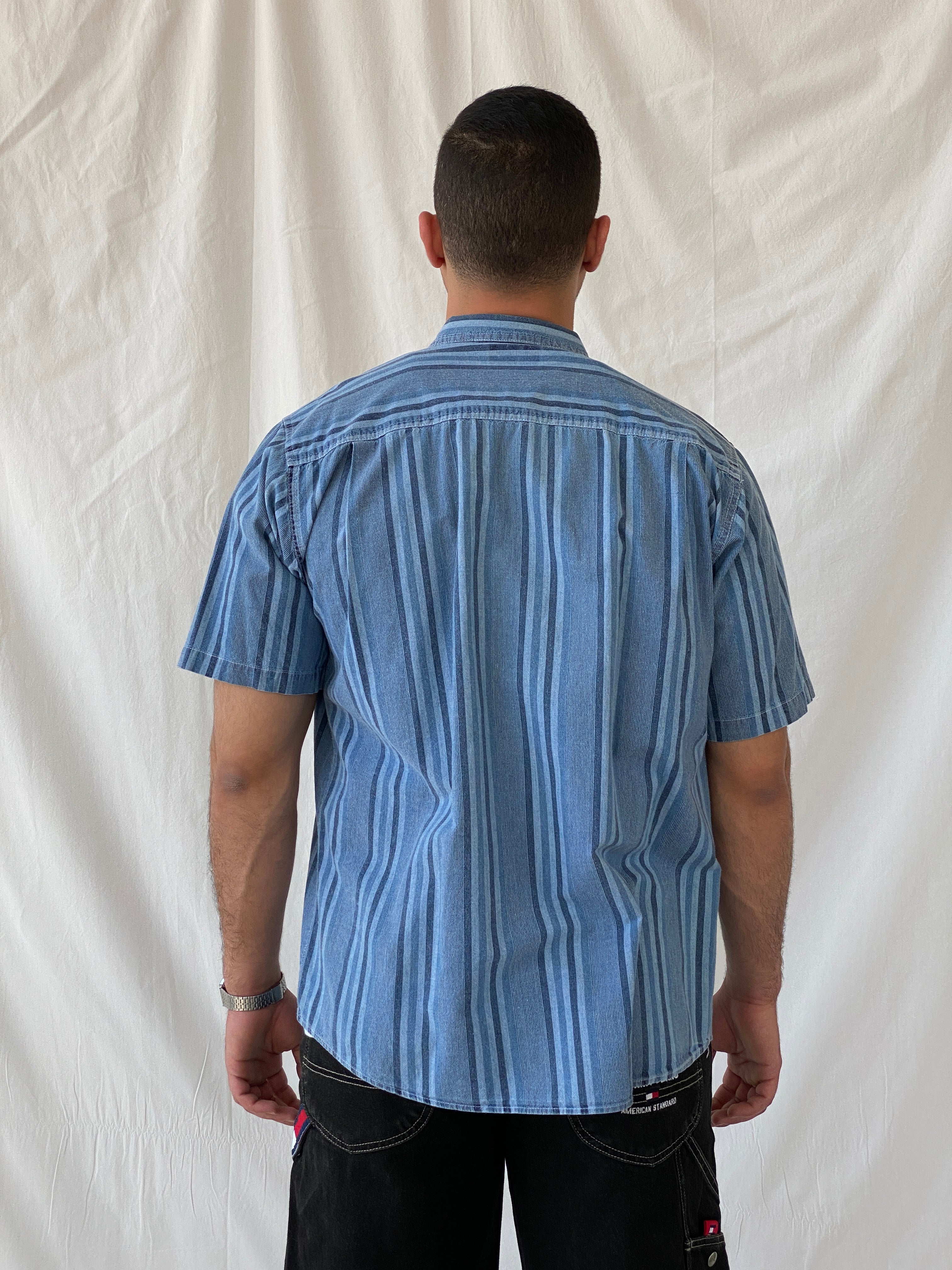 Vintage 90s Faded Glory Men’s Button Up Striped Blue Short Sleeve Cotton Shirt - L - Balagan Vintage Half Sleeve Shirt 90s, half sleeve shirt, mens shirt, printed shirt, Ramez, silk, striped, striped shirt
