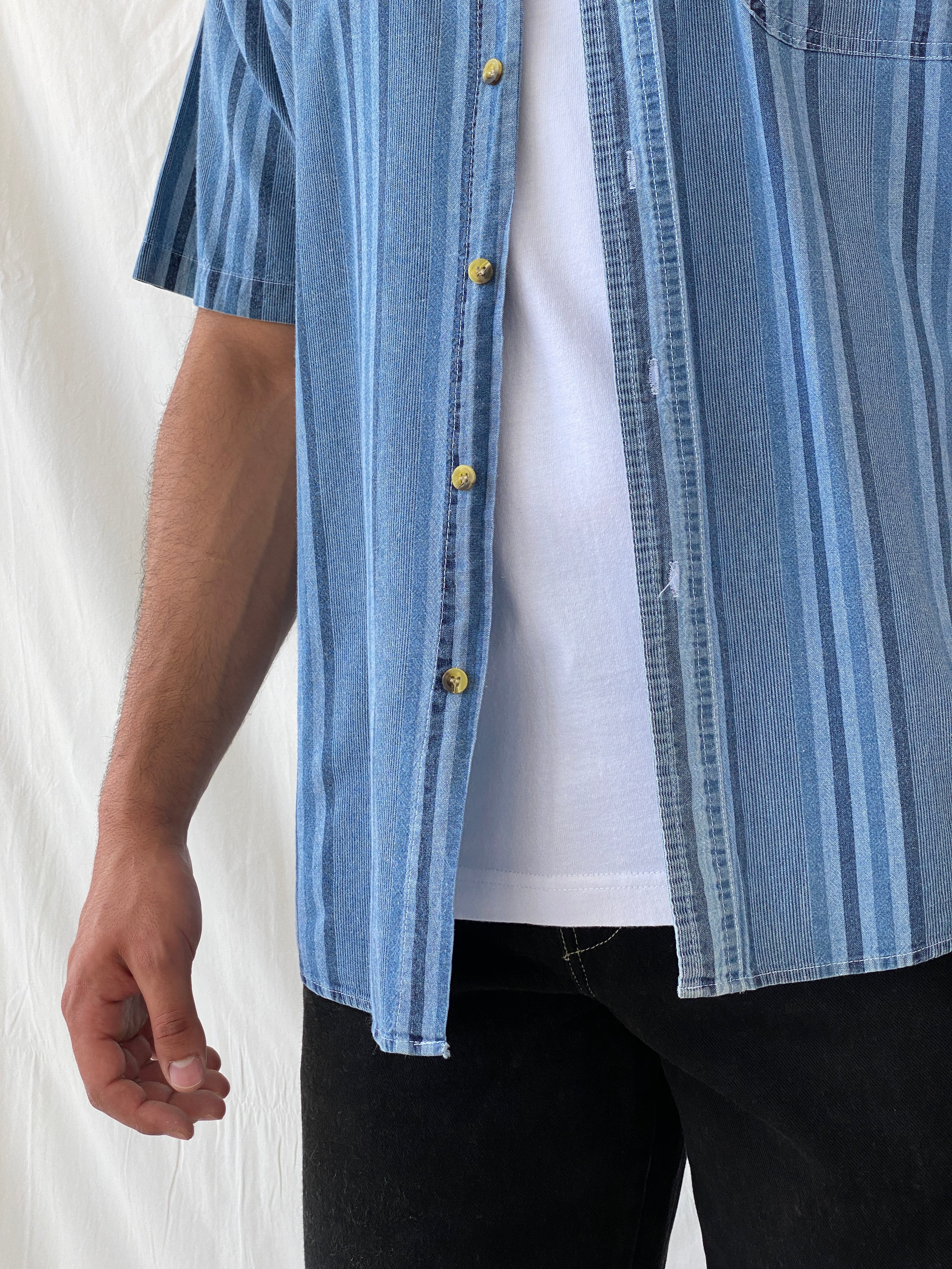 Vintage 90s Faded Glory Men’s Button Up Striped Blue Short Sleeve Cotton Shirt - L - Balagan Vintage Half Sleeve Shirt 90s, half sleeve shirt, mens shirt, printed shirt, Ramez, silk, striped, striped shirt
