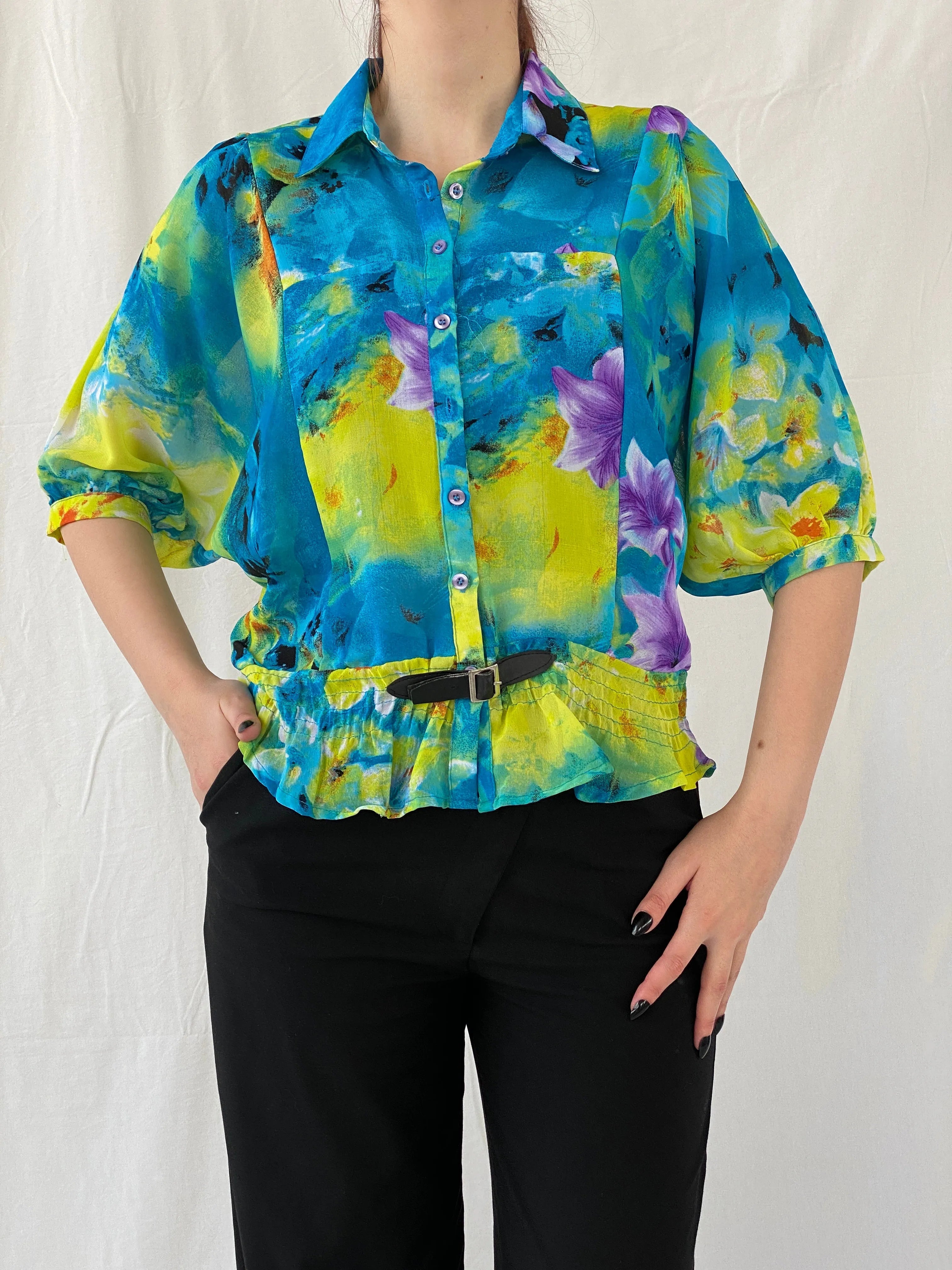 Vintage 90s Follow Me Floral Blue Puff Sleeve Elastic Waist Blouse - M - Balagan Vintage Full Sleeve Top 00s, Ayah, floral, floral top, NEW IN, Top, women top