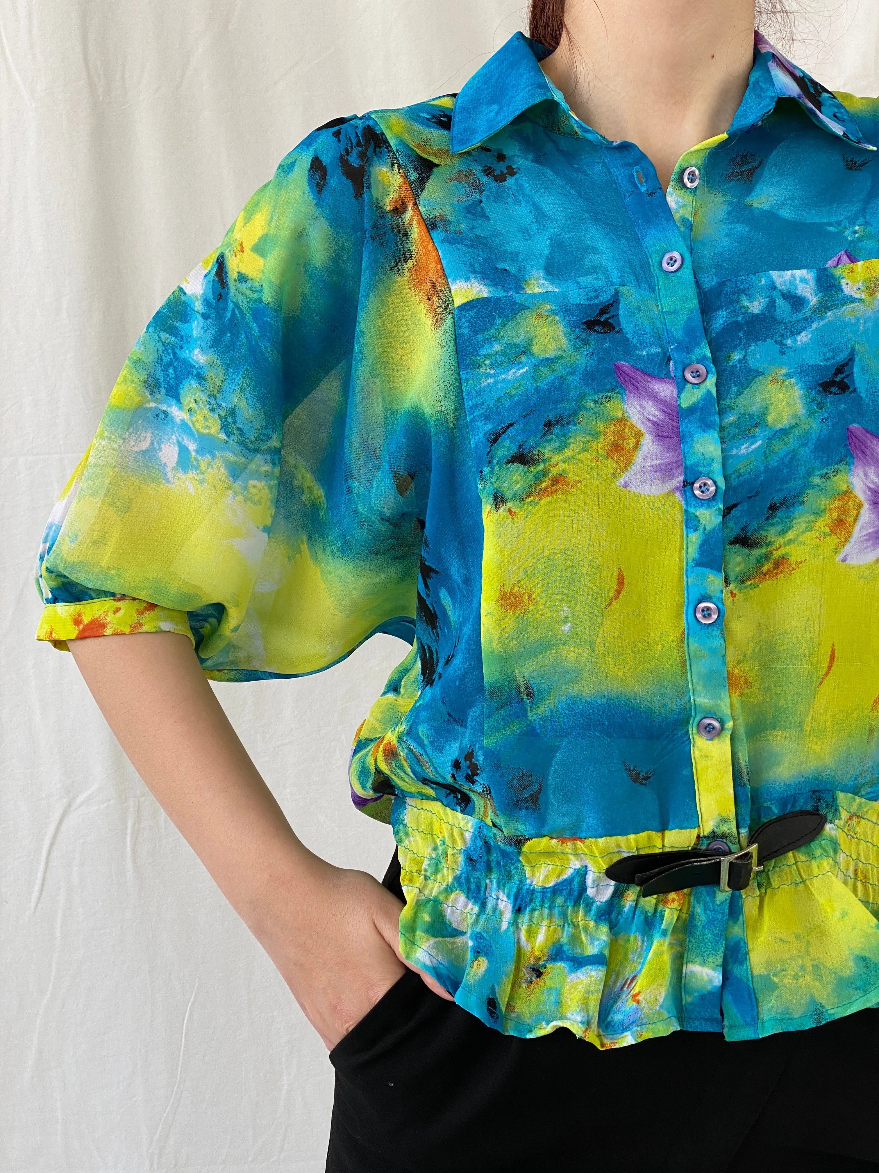 Vintage 90s Follow Me Floral Blue Puff Sleeve Elastic Waist Blouse - M - Balagan Vintage Full Sleeve Top 00s, Ayah, floral, floral top, NEW IN, Top, women top