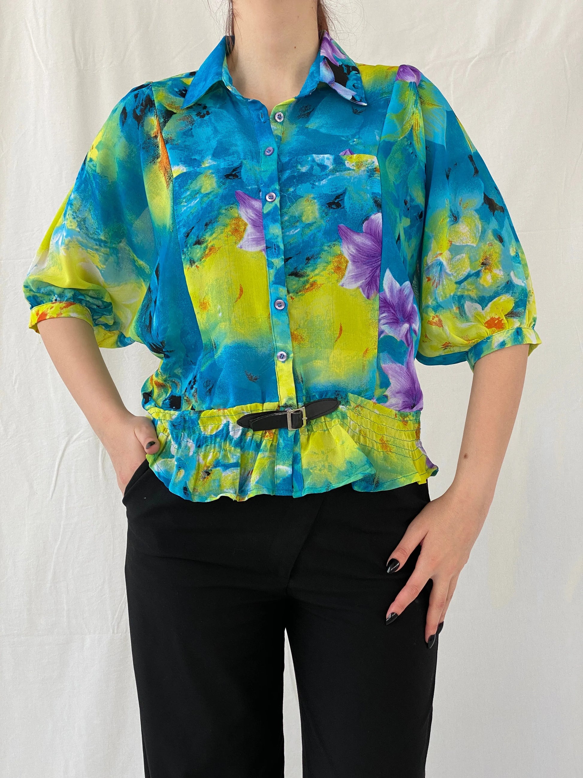 Vintage 90s Follow Me Floral Blue Puff Sleeve Elastic Waist Blouse - M - Balagan Vintage Full Sleeve Top 00s, Ayah, floral, floral top, Top, women top