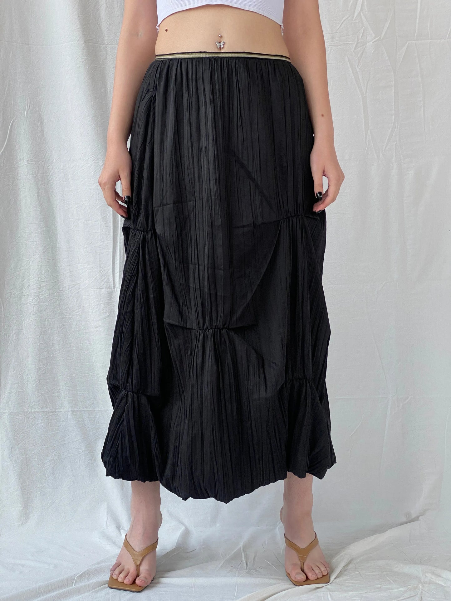 Vintage 90s French Archival Femmes Je Vous Aime Black Ruched Bubble Maxi Skirt - L - Balagan Vintage Midi Skirt 00s, Ayah, midi skirt, women skirt
