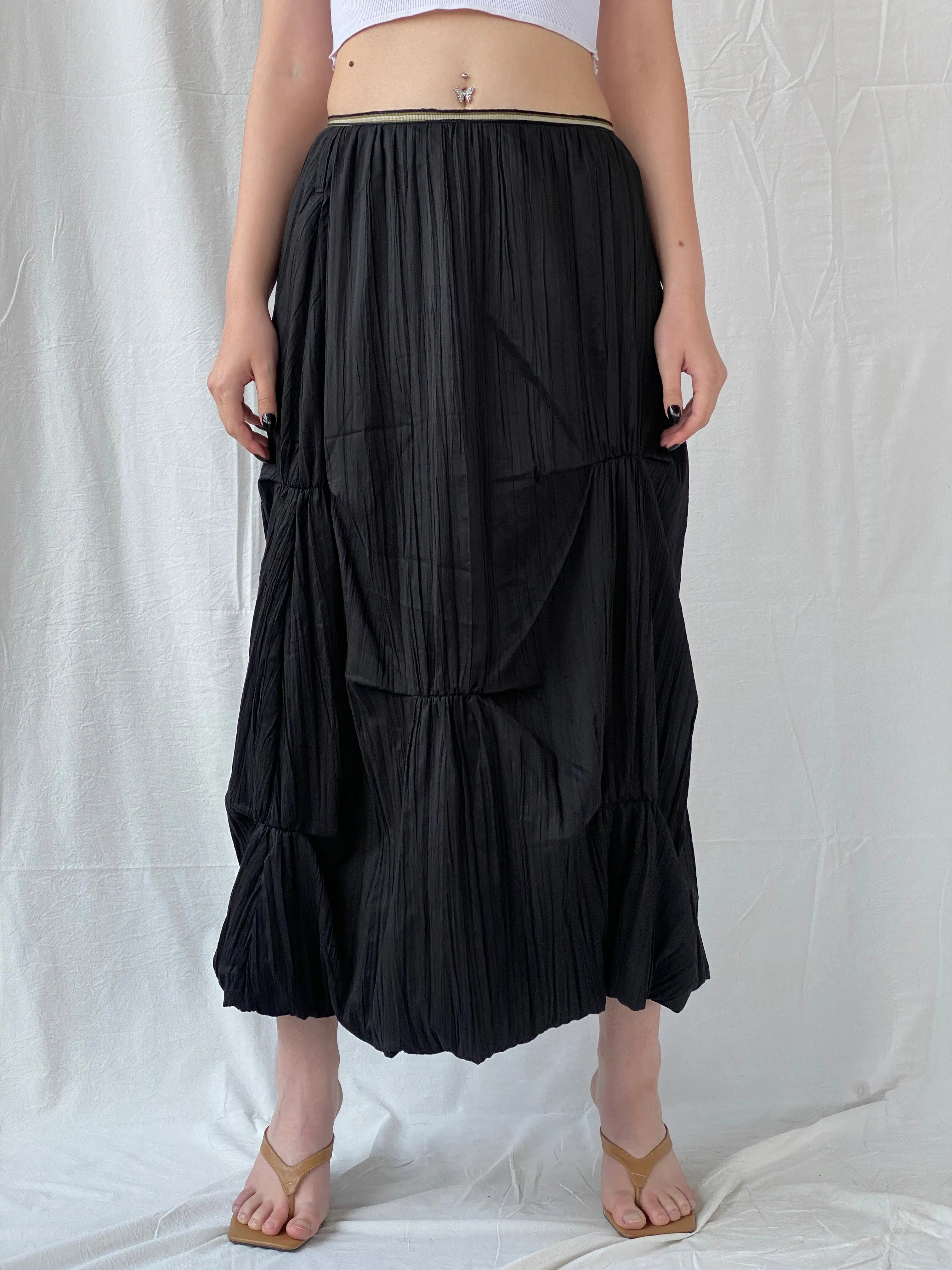 Vintage 90s French Archival Femmes Je Vous Aime Black Ruched Bubble Maxi Skirt - L - Balagan Vintage Midi Skirt 00s, Ayah, midi skirt, women skirt