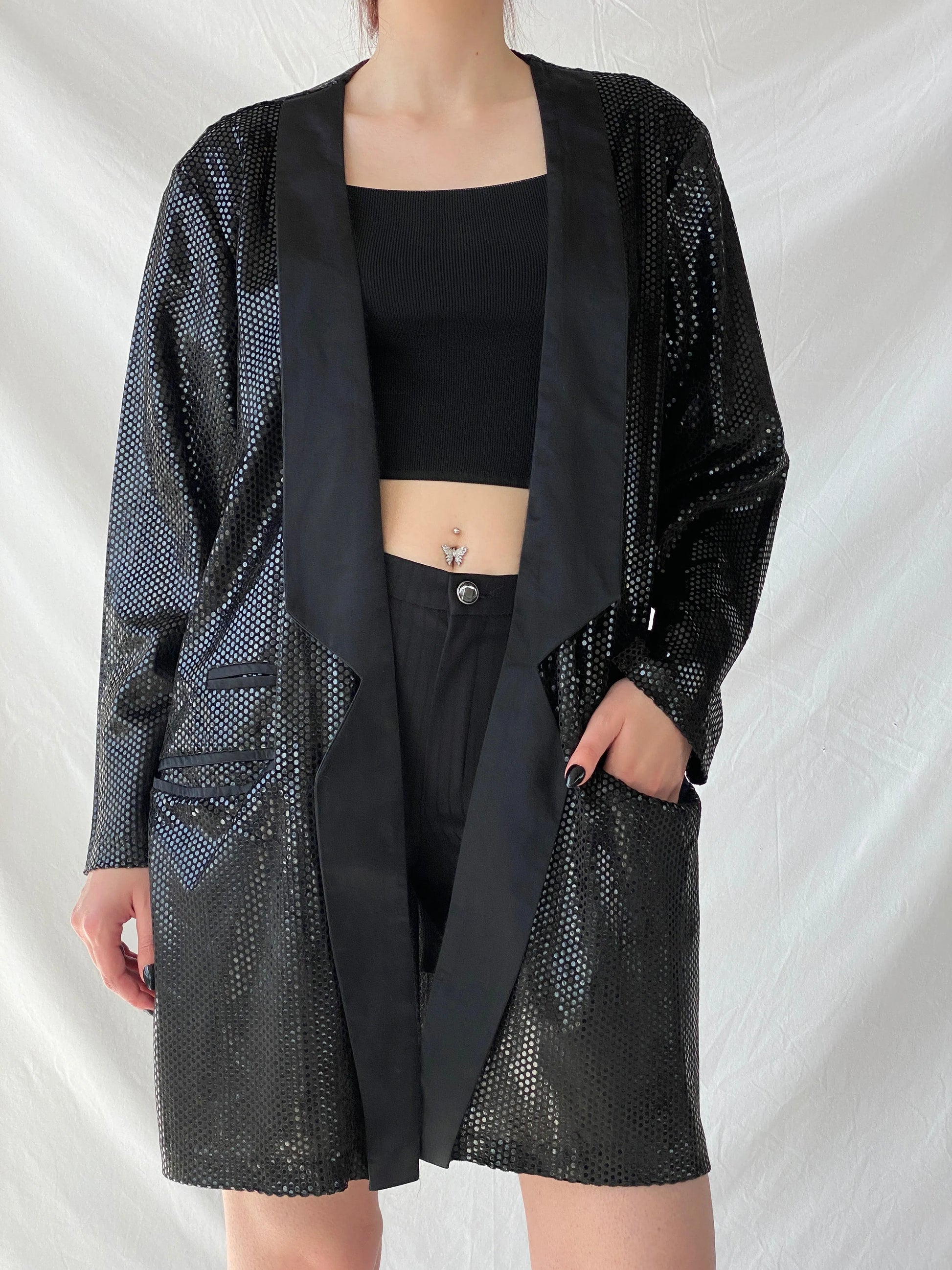 Vintage 90s GENG Sequin Party Long Women’s Blazer with Satin Trim - XL - Balagan Vintage Blazer 00s, 90s, Ayah, blazer, Coats&Jackets, metallic shirt, vintage blazer, winter, Women's Blazers