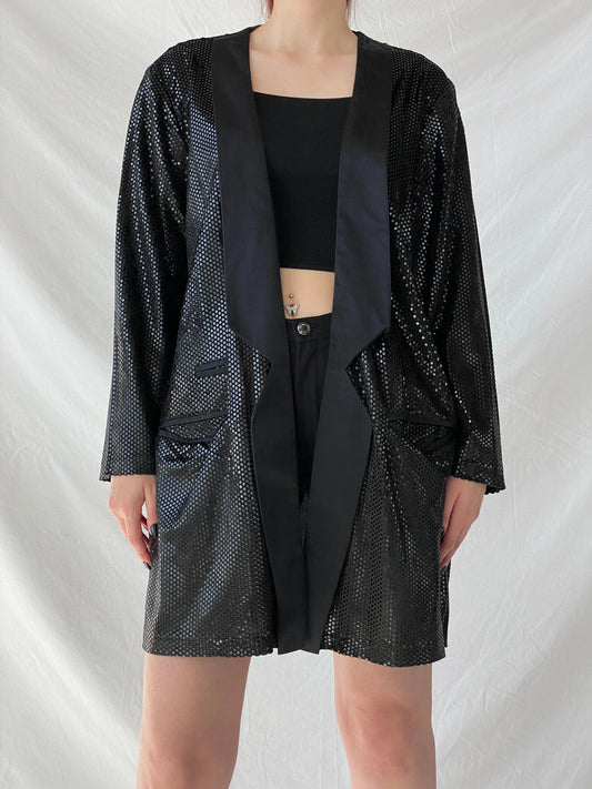 Vintage 90s GENG Sequin Party Long Women’s Blazer with Satin Trim - XL - Balagan Vintage Blazer 00s, 90s, Ayah, blazer, Coats&Jackets, metallic shirt, vintage blazer, winter, Women's Blazers
