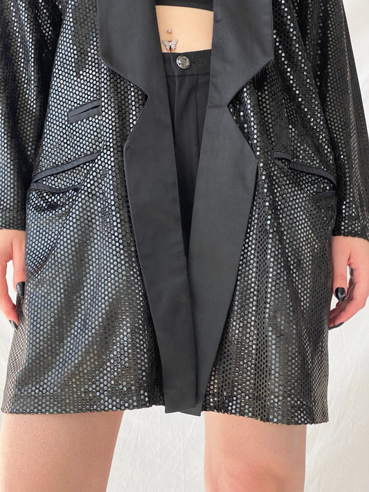 Vintage 90s GENG Sequin Party Long Women’s Blazer with Satin Trim - XL - Balagan Vintage Blazer 00s, 90s, Ayah, blazer, Coats&Jackets, metallic shirt, vintage blazer, winter, Women's Blazers