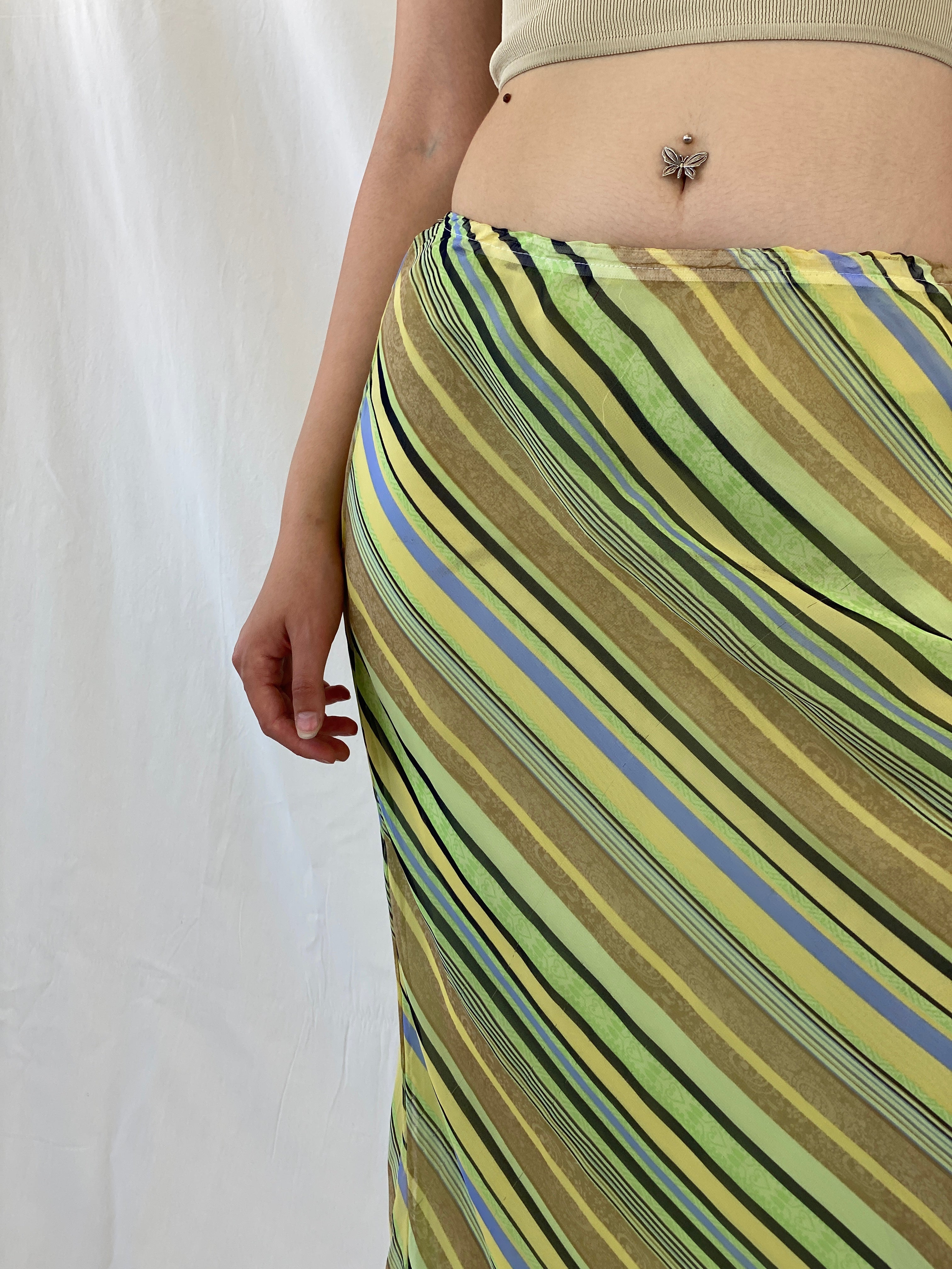Vintage 90s Giorgio Fiorlini Striped Green Butter Yellow Maxi Skirt - S - Balagan Vintage Maxi Skirt 00s, Ayah, maxi skirt, NEW IN, skirt, striped, women skirt