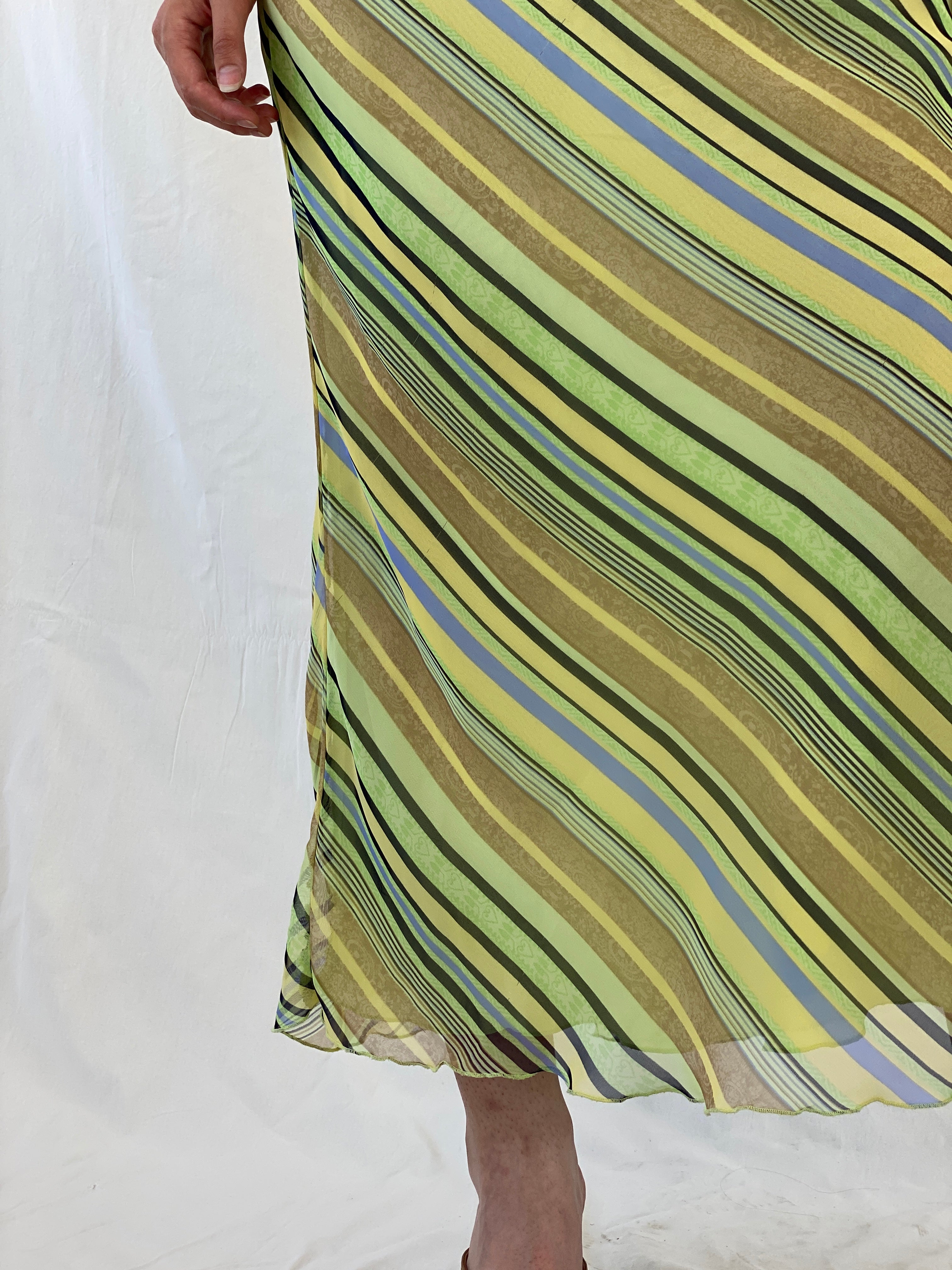 Vintage 90s Giorgio Fiorlini Striped Green Butter Yellow Maxi Skirt - S - Balagan Vintage Maxi Skirt 00s, Ayah, maxi skirt, NEW IN, skirt, striped, women skirt