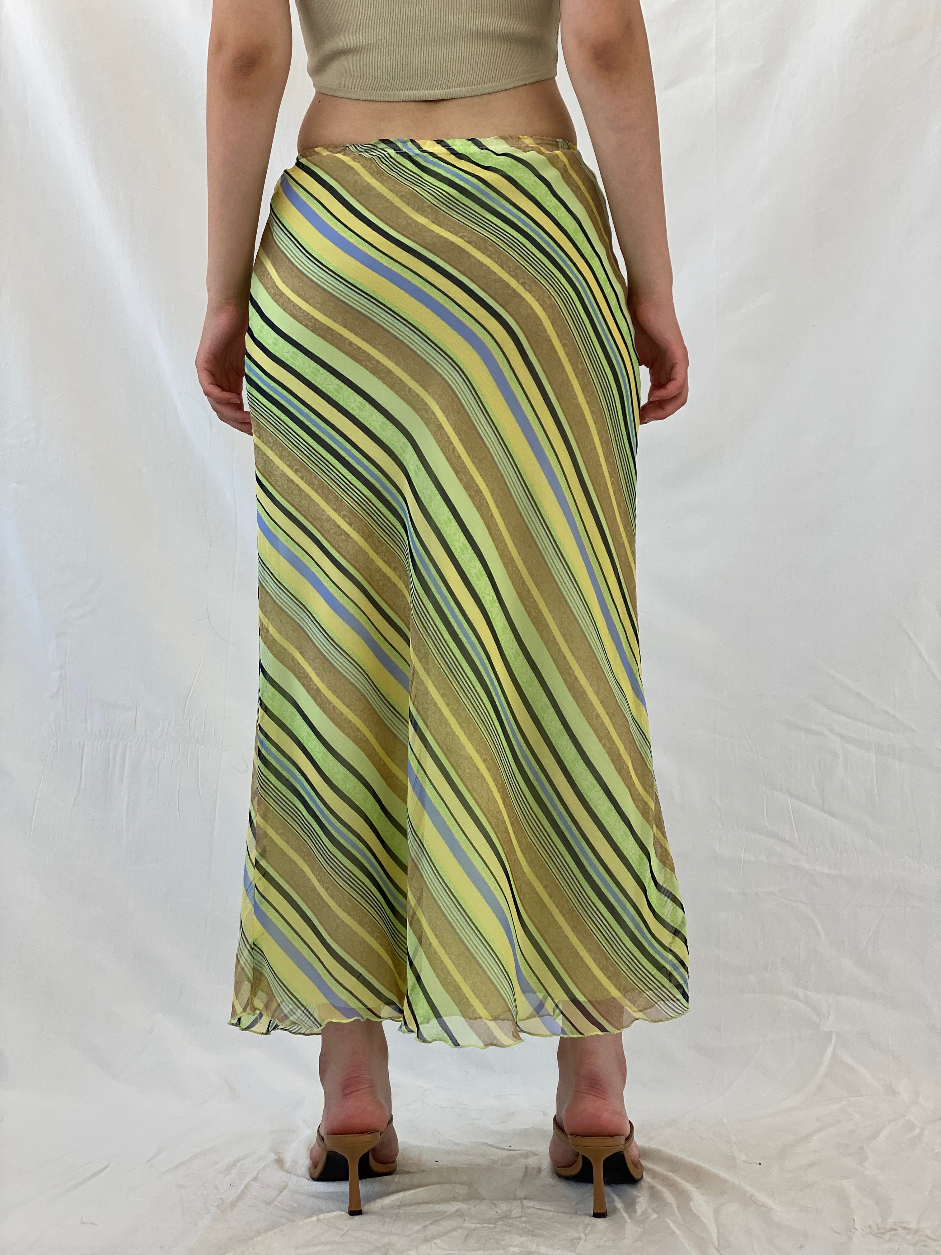 Vintage 90s Giorgio Fiorlini Striped Green Butter Yellow Maxi Skirt - S - Balagan Vintage Maxi Skirt 00s, Ayah, maxi skirt, NEW IN, skirt, striped, women skirt