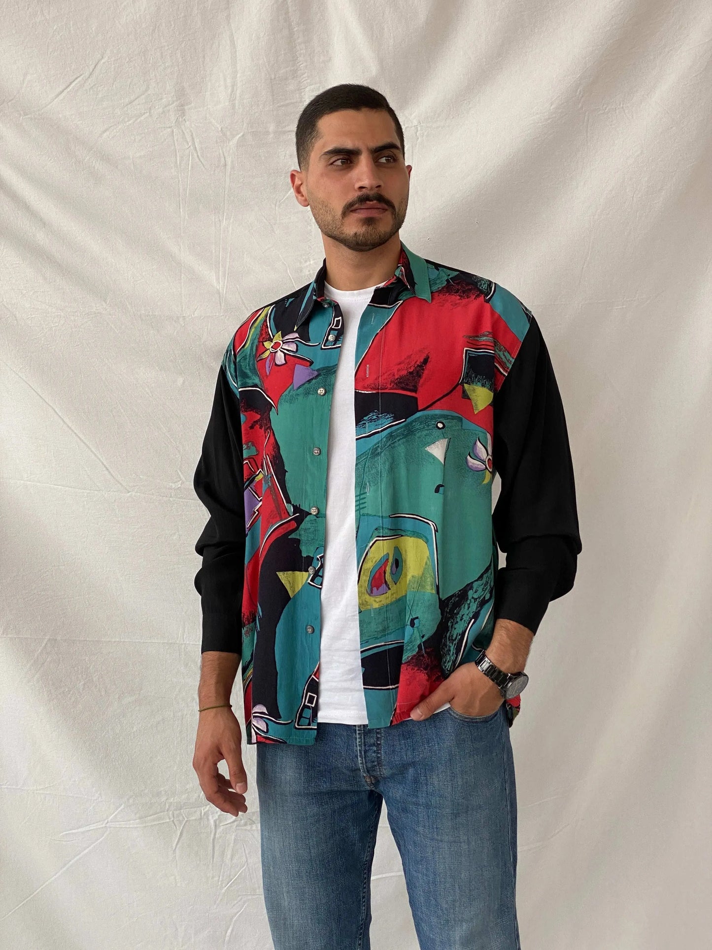 Vintage 90s Golfer’s Club Floral Graphic Men’s Long Sleeve Shirt - L - Balagan Vintage Full sleeve Shirt 90s, full sleeve shirt, mens shirt, printed shirt, printed silk shirt, Ramez, silk shirt