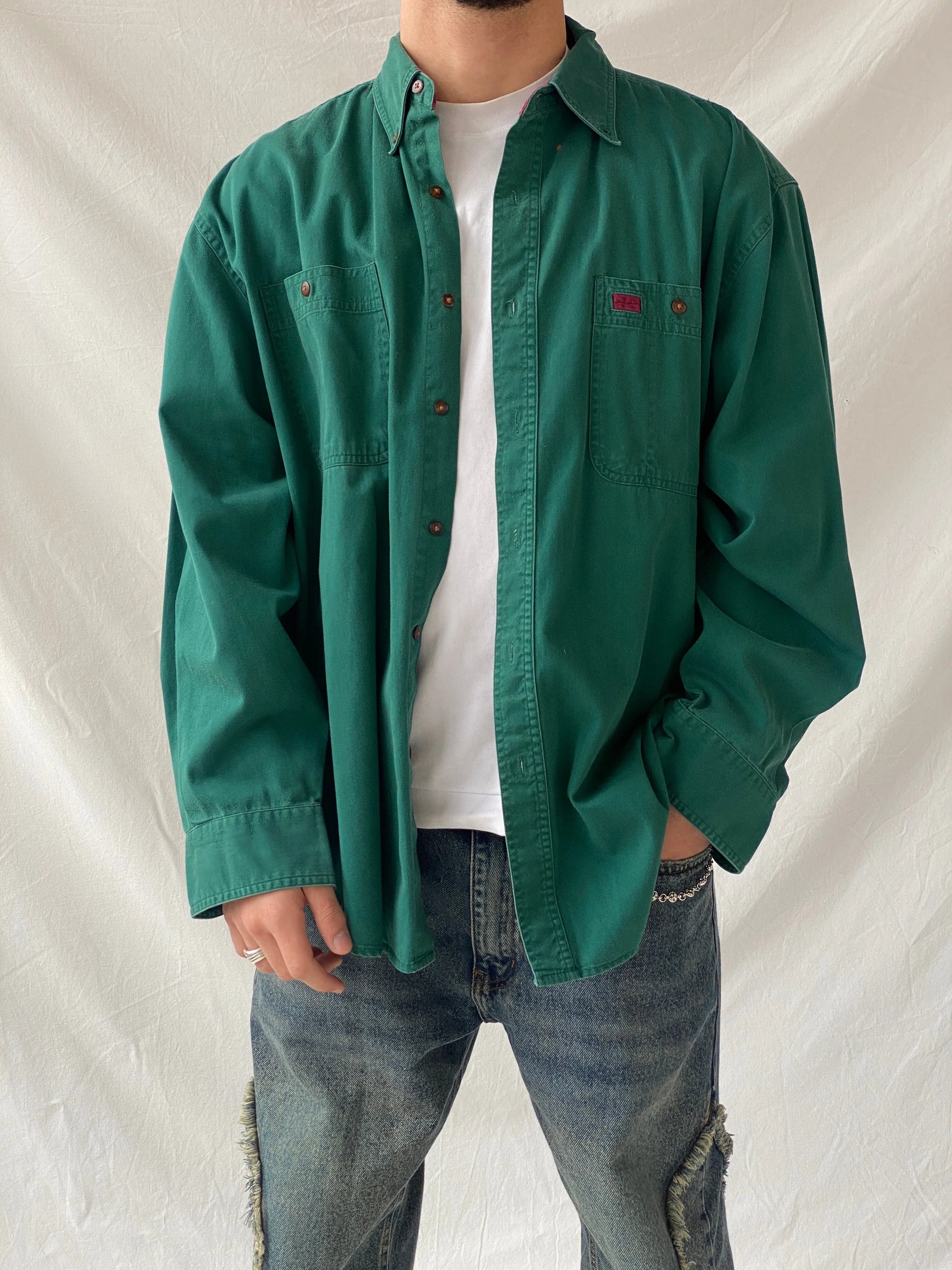Vintage 90s Great Land Apparel Men’s Green Cotton Long Sleeve Shirt - XL - Balagan Vintage Full Sleeve Shirt cotton shirt, cowboy, full sleeve shirt, Hamza, handmade, mens shirt, shirt