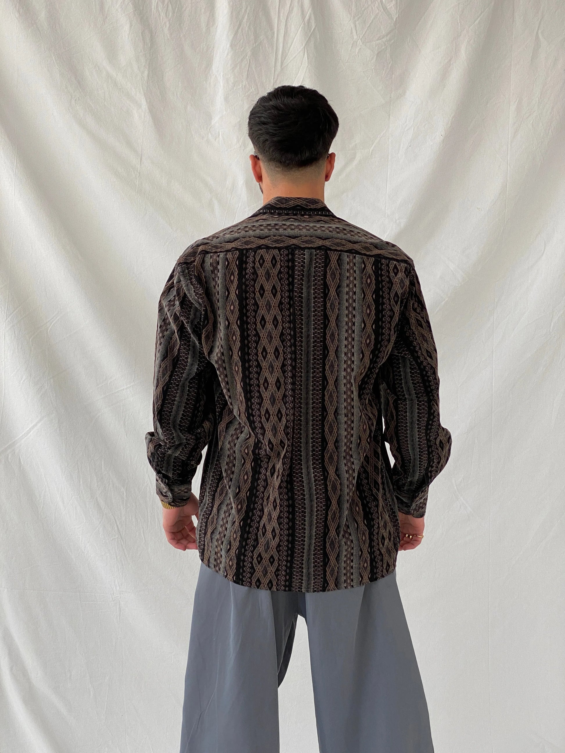Vintage 90s GÜLATA Men’s Long Sleeve Button Down Corduroy Diamond Print Striped Shirt - L - Balagan Vintage Full sleeve Shirt 90s, full sleeve shirt, Hamza, mens shirt, printed shirt, winter