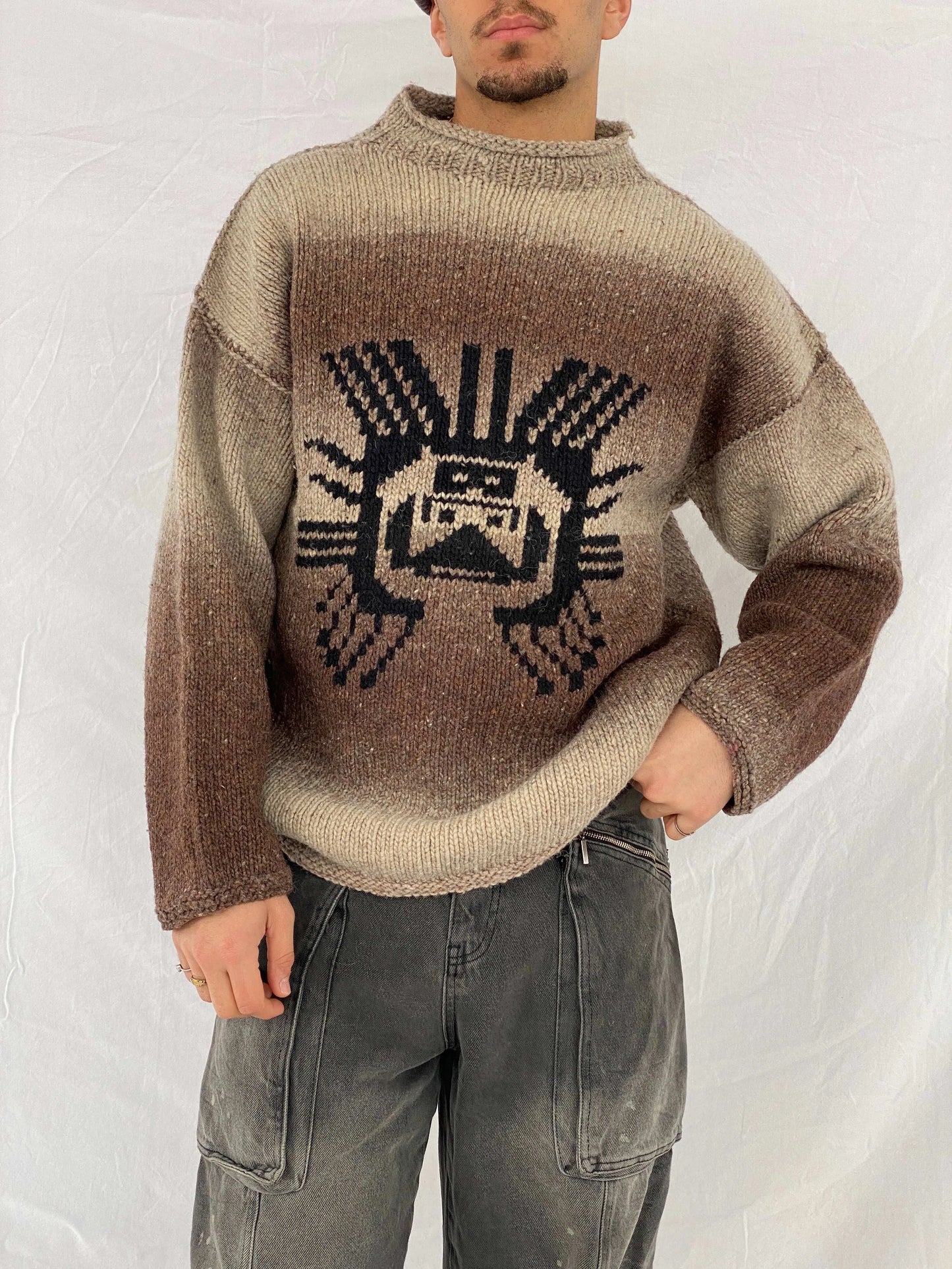 Vintage 90s Hand-Knitted Sun God Gradient Wool Jumper - Size M/L - Balagan Vintage Sweater 90s, Abdullah, handmade, knitted sweater, oversized sweater, sweater, winter