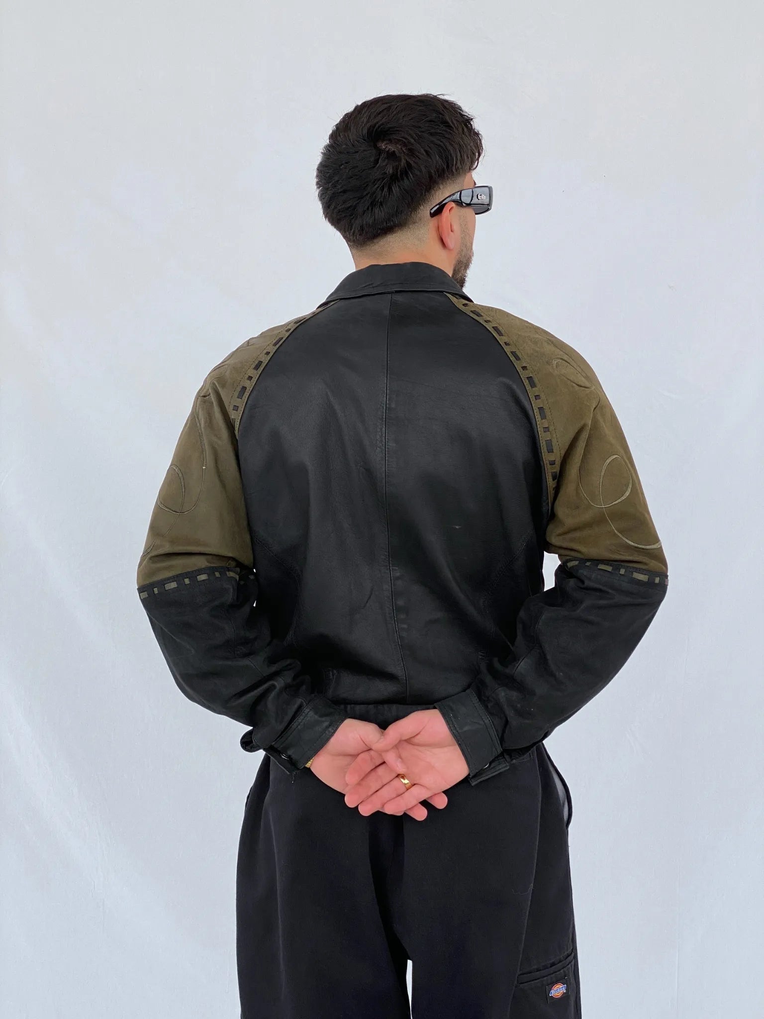 Vintage 90s IOU MCMXC Euro Mode Men’s Black Green Shoulder Patch Leather Bomber Jacket - S - Balagan Vintage Leather Jacket black leather, brown leather, genuine leather, genuine leather jacket, Hamza, men, mens jackets