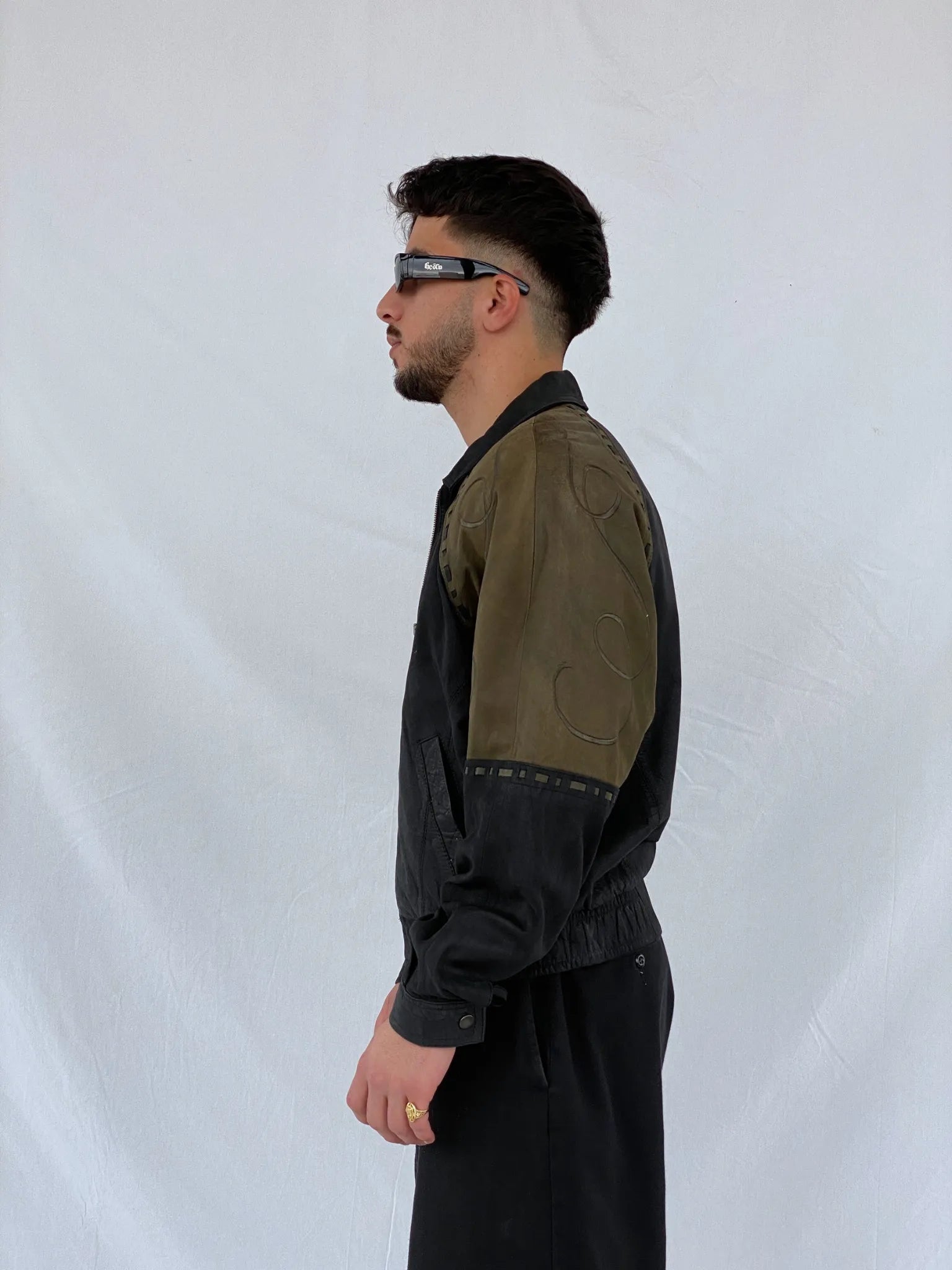Vintage 90s IOU MCMXC Euro Mode Men’s Black Green Shoulder Patch Leather Bomber Jacket - S - Balagan Vintage Leather Jacket black leather, brown leather, genuine leather, genuine leather jacket, Hamza, men, mens jackets