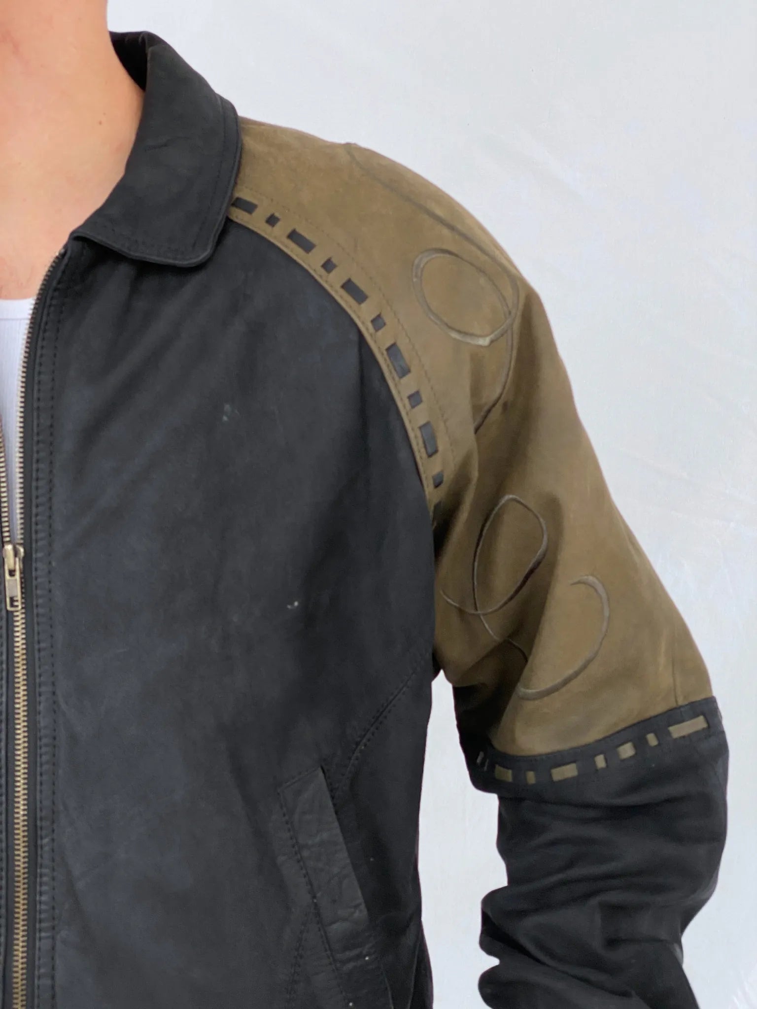 Vintage 90s IOU MCMXC Euro Mode Men’s Black Green Shoulder Patch Leather Bomber Jacket - S - Balagan Vintage Leather Jacket black leather, brown leather, genuine leather, genuine leather jacket, Hamza, men, mens jackets