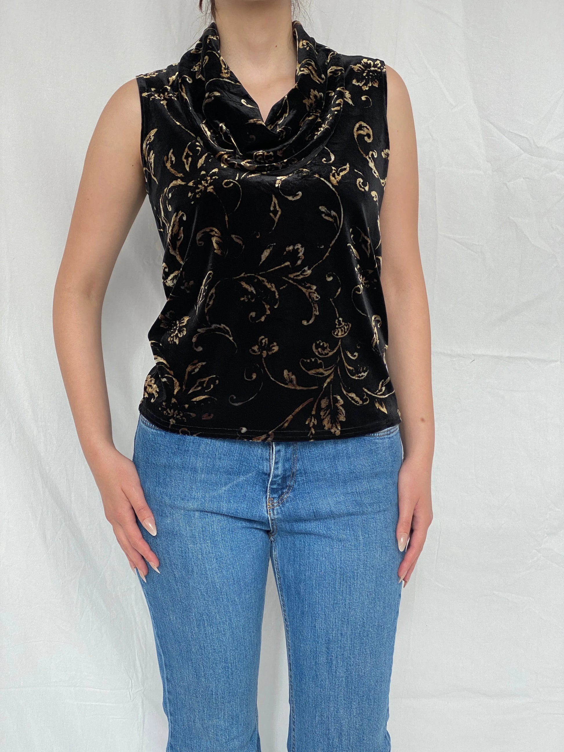 Vintage 90s Kathie Lee Collection Black & Gold Velvet Cowl Neck Women’s Sleeveless Top - M - Balagan Vintage Sleeveless Top Ayah, sleeveless top, velvet, velvet top