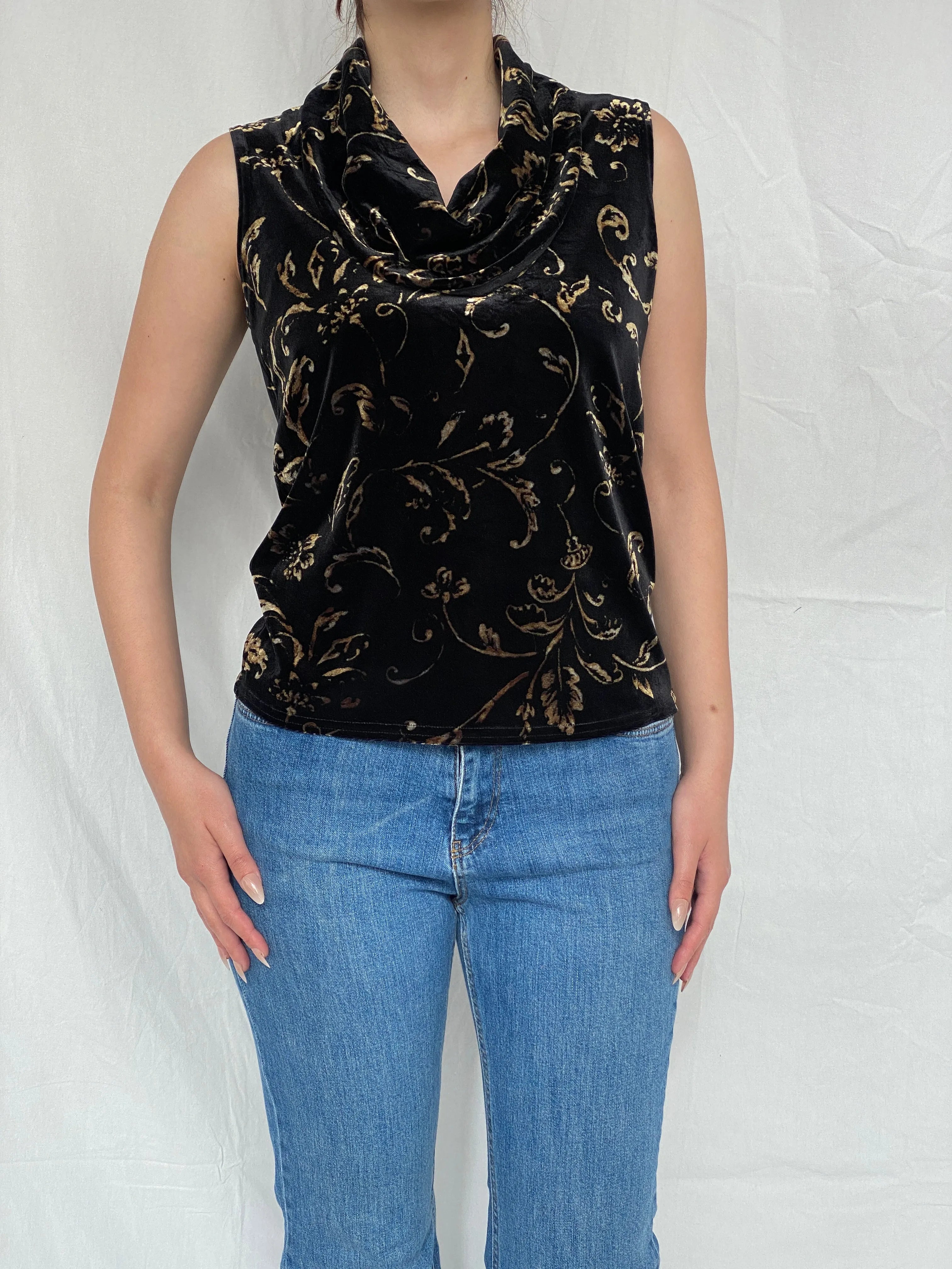 Vintage 90s Kathie Lee Collection Black & Gold Velvet Cowl Neck Women’s Sleeveless Top - M - Balagan Vintage Sleeveless Top Ayah, sleeveless top, velvet, velvet top