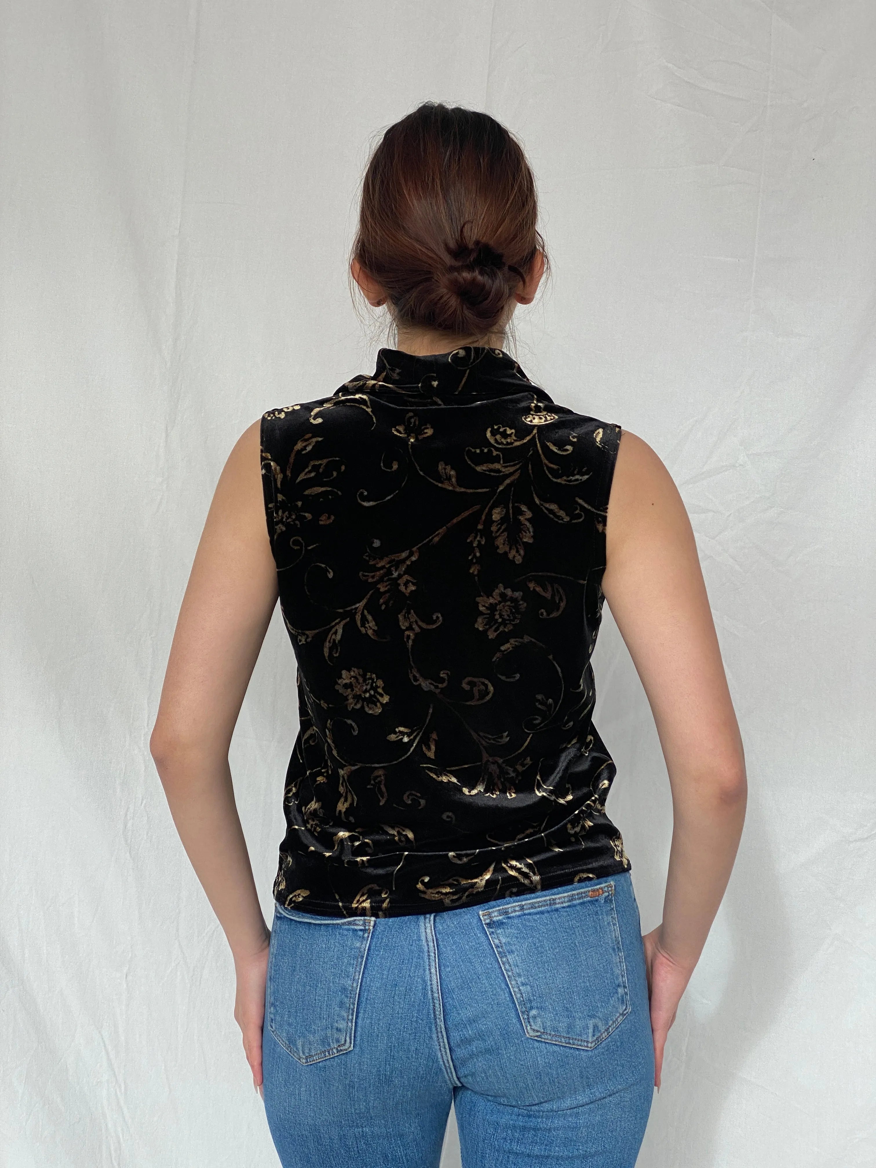 Vintage 90s Kathie Lee Collection Black & Gold Velvet Cowl Neck Women’s Sleeveless Top - M - Balagan Vintage Sleeveless Top Ayah, sleeveless top, velvet, velvet top