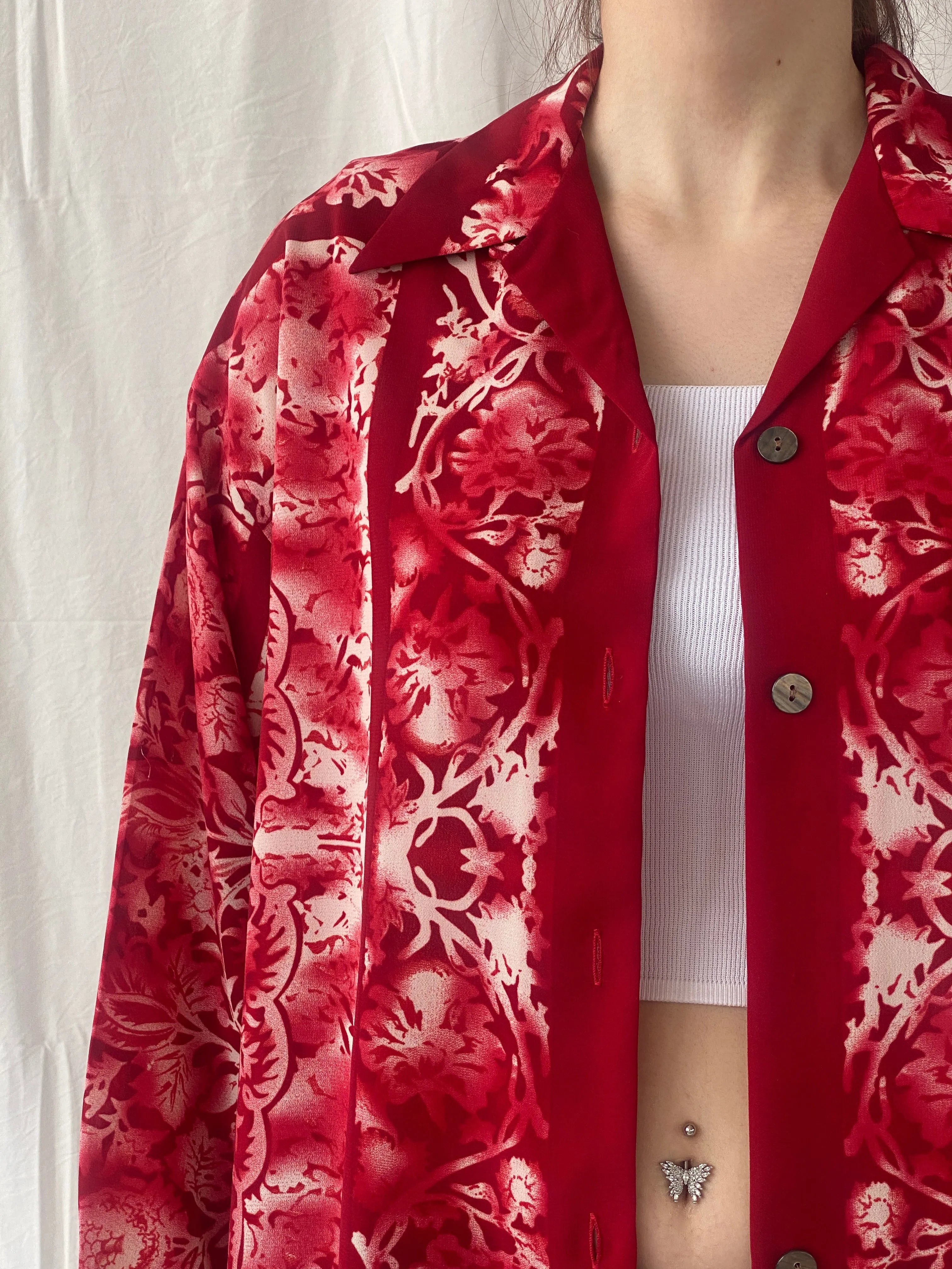 Vintage 90s Le Caviar Red & White Floral Full Sleeve Women’s Shirt - M - Balagan Vintage Full sleeve Shirt 00s, Ayah, floral shirt, NEW IN, shirt, women shirt
