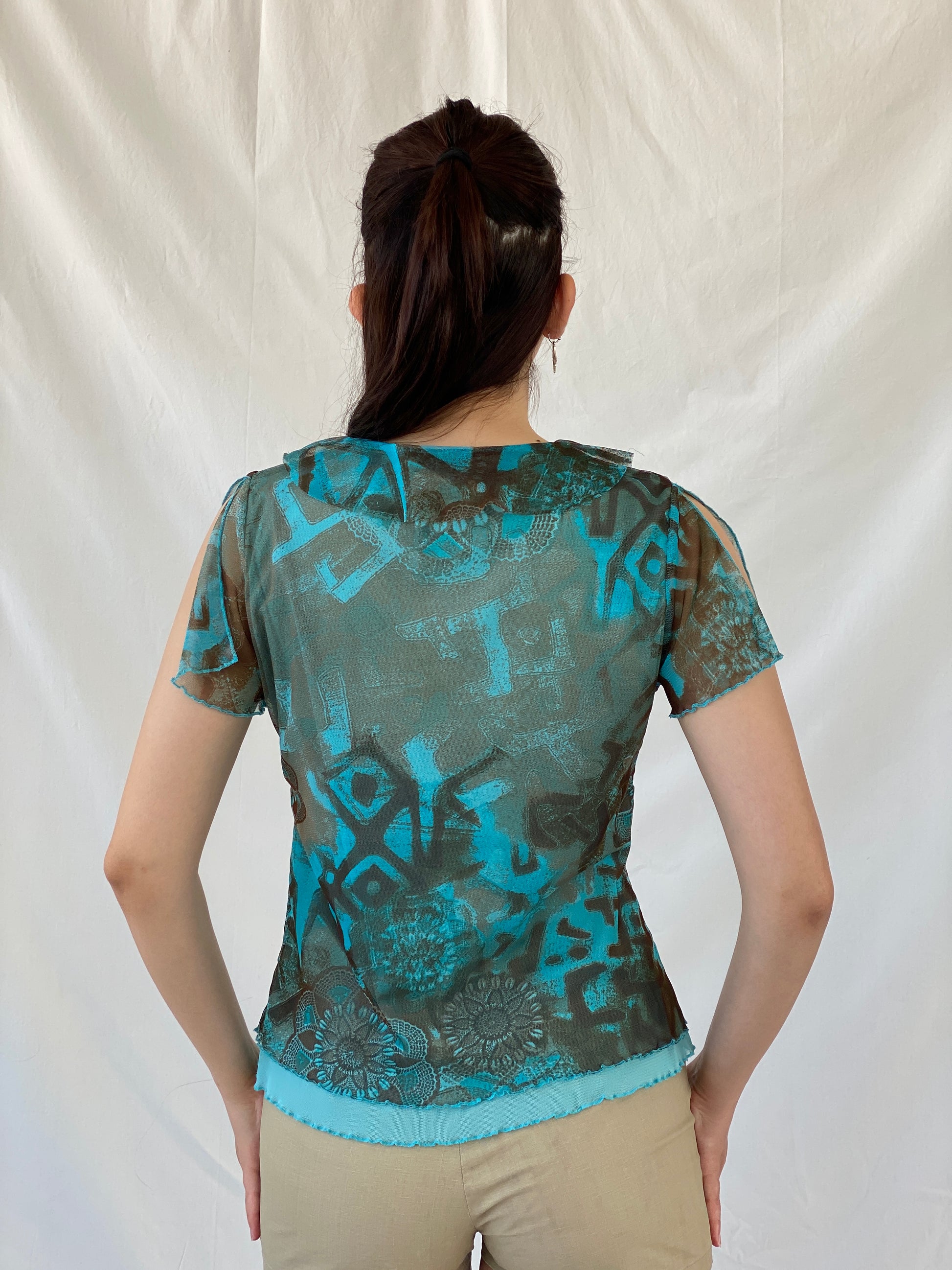 Vintage 90s Liberty Island Graphic Blue Brown Floral Ruffle Neckline Mesh Top - L - Balagan Vintage Half Sleeve Top 00s, Ayah, floral mesh, mesh, mesh top, NEW IN, summer, women top